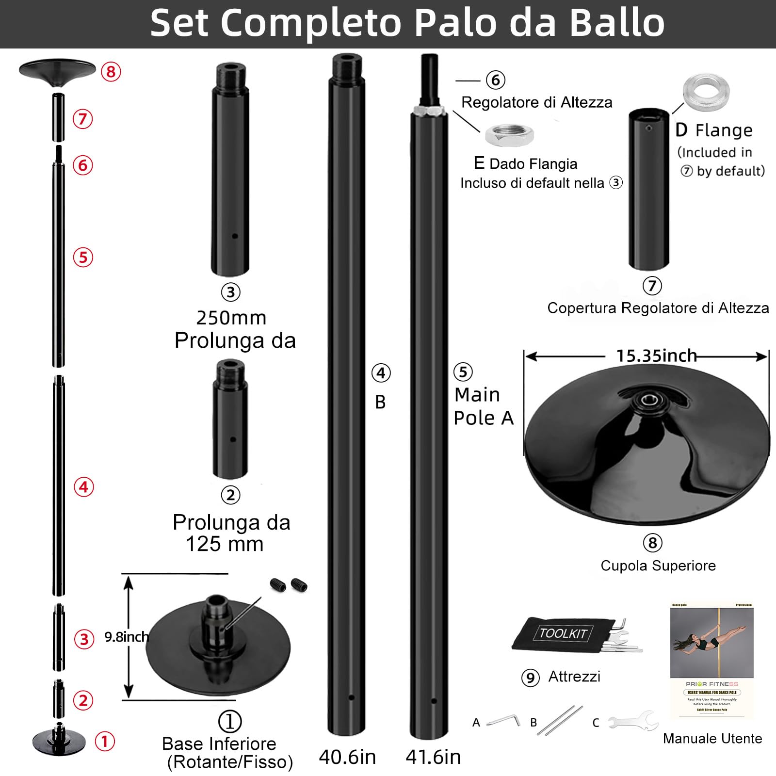 PRIOR FITNESS Palo de baile premium de 45 mm, modo estático y giratorio, altura ajustable de 223,5 cm a 274,5 cm, para gimnasio, fiesta y estudio