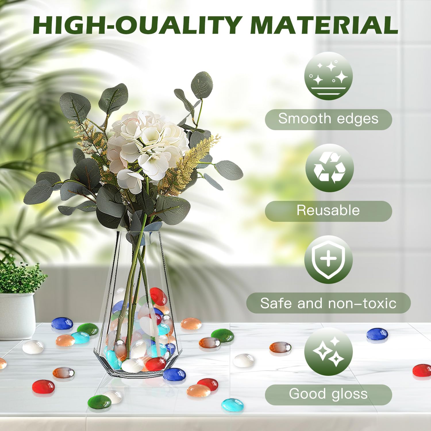 Glass Pebbles 900g (about 205pcs) Round Decorative Stones Coloured Vase Bead Seven Colors Flat Stones about 17-20mm of Diameter Glass Gems for Vases Aquarium - Image 3