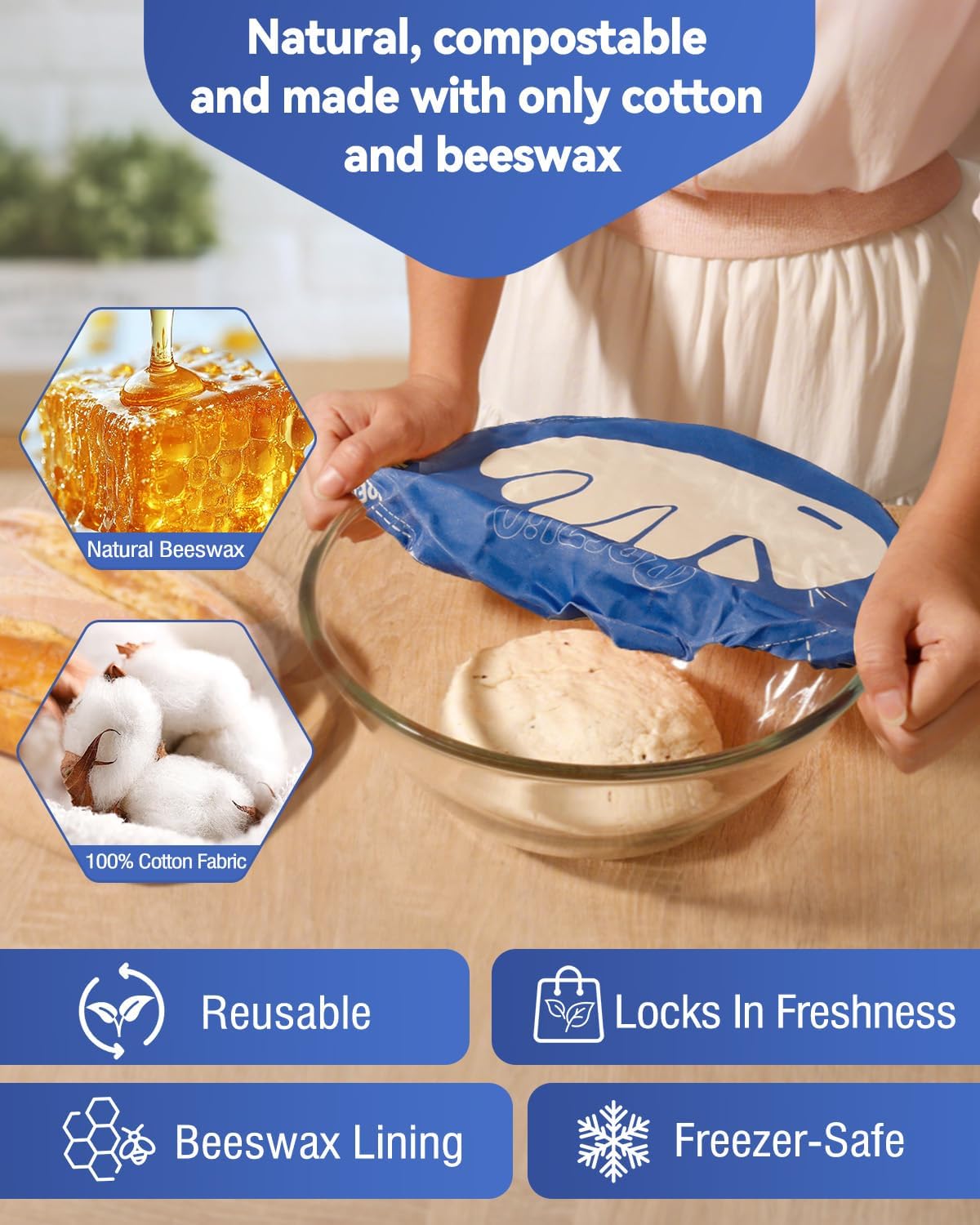 Reusable Beeswax Bowl Covers for Bread Proofing - Cotton Sourdough Covers, Elastic Food Storage Covers for Rising Dough & 10-Inch Bowls - 2 Pack