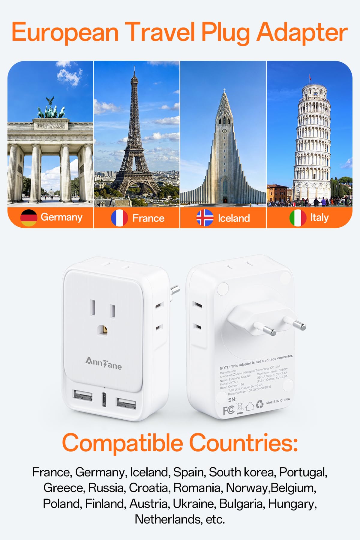 AnnTane Adattatore europeo con USB C, adattatore da viaggio universale con 4 adattatori di alimentazione e 3 USB, Travel Essentials Adapter Americano/Messico in Italia, Germania, bianco (confezione da