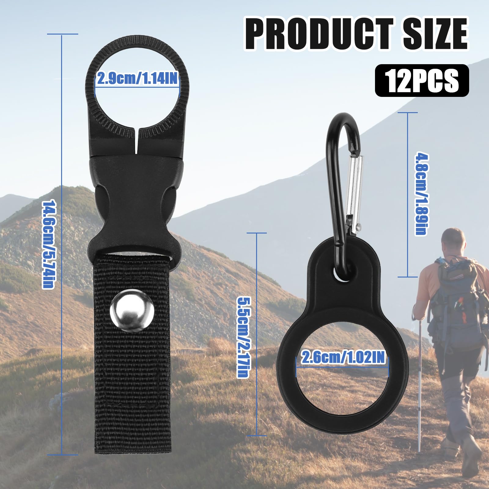 12 Pezzi Portaborraccia a Clip Nero Clip Porta Bottiglia d'Acqua con Clip per Cintura Moschettone per Borraccia Portabottiglie per Campeggio Escursioni attività all'Aperto