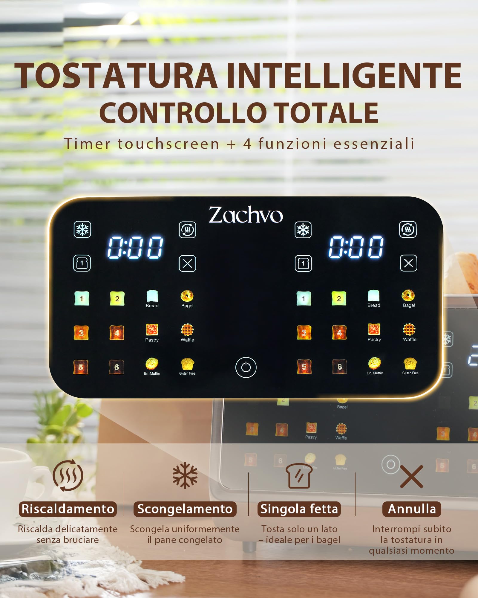 Tostapane 4 fette con touchscreen e timer conto alla rovescia – tostapane lungo in acciaio inox con 2 zone di temperatura indipendenti, fessure extra larghe da 3,7 cm, 6 programmi