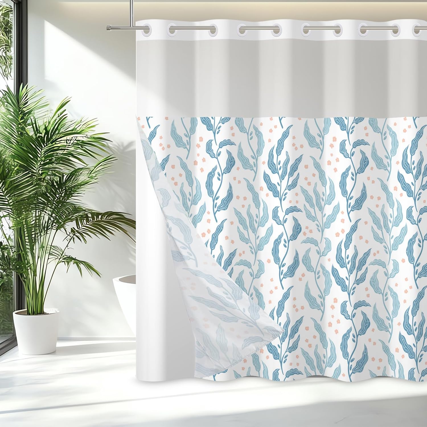 71x71 Inch Without Hook Leaves Shower Curtain and Liner Set Floral Leaf Light Blue Vertical Botanical Snap in Shower Curtains for Bathroom Scenery Country Rural Farmhouse Bathroom Set