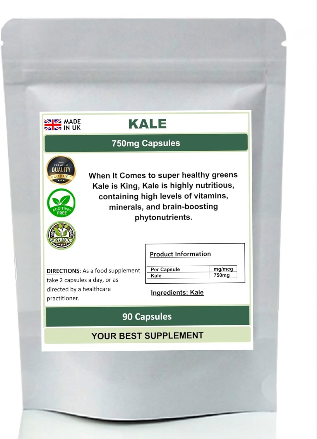 Kale Capsules 750mg 100% Natural (Pure no additive or fillers) Superfood, Detox (90)