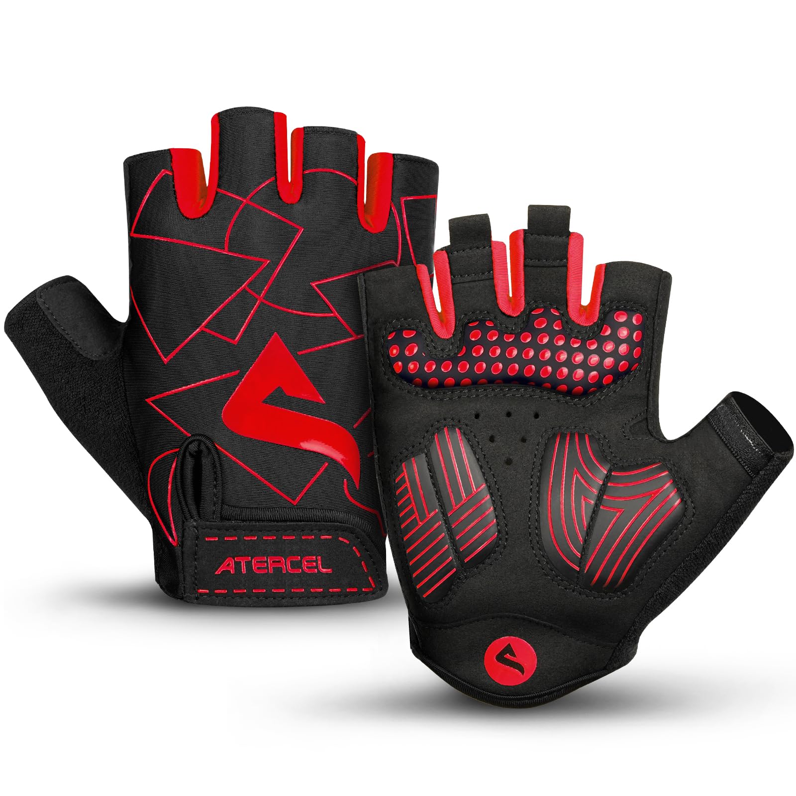 ATERCEL Fahrradhandschuhe Halbfinger für Herren Damen - Radsporthandschuhe MTB Handschuhe mit SBR-Polsterung für Radfahren, MTB, Fitness, Rot, L