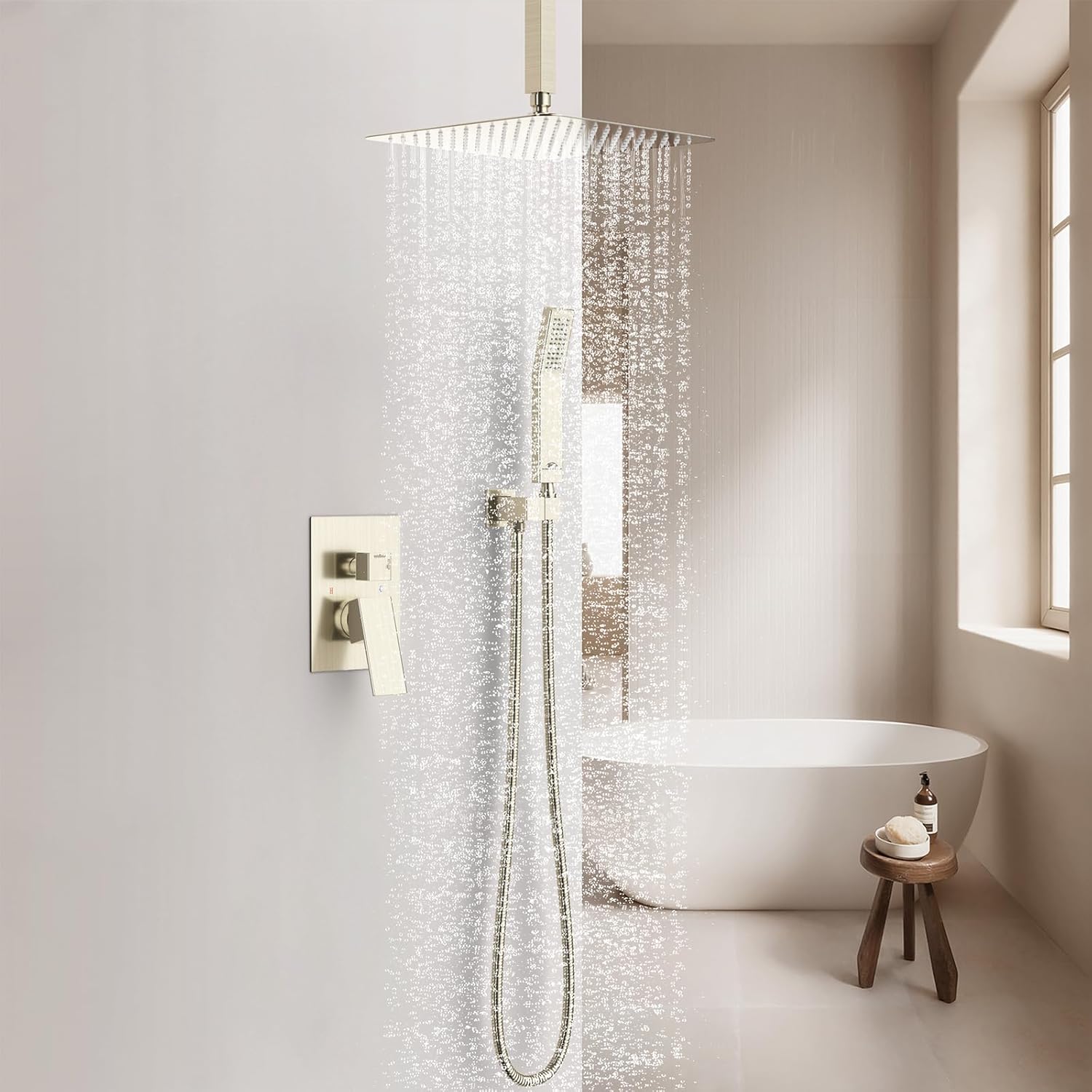 SunCleanse Rainfall Shower System Brushed Nickel Ceiling Mounted Shower System Combo Set with High Pressure 12 Inches Square Rain Shower Head Handheld and Shower Faucet Rough-in Mixer Valve and Trim - Image 2