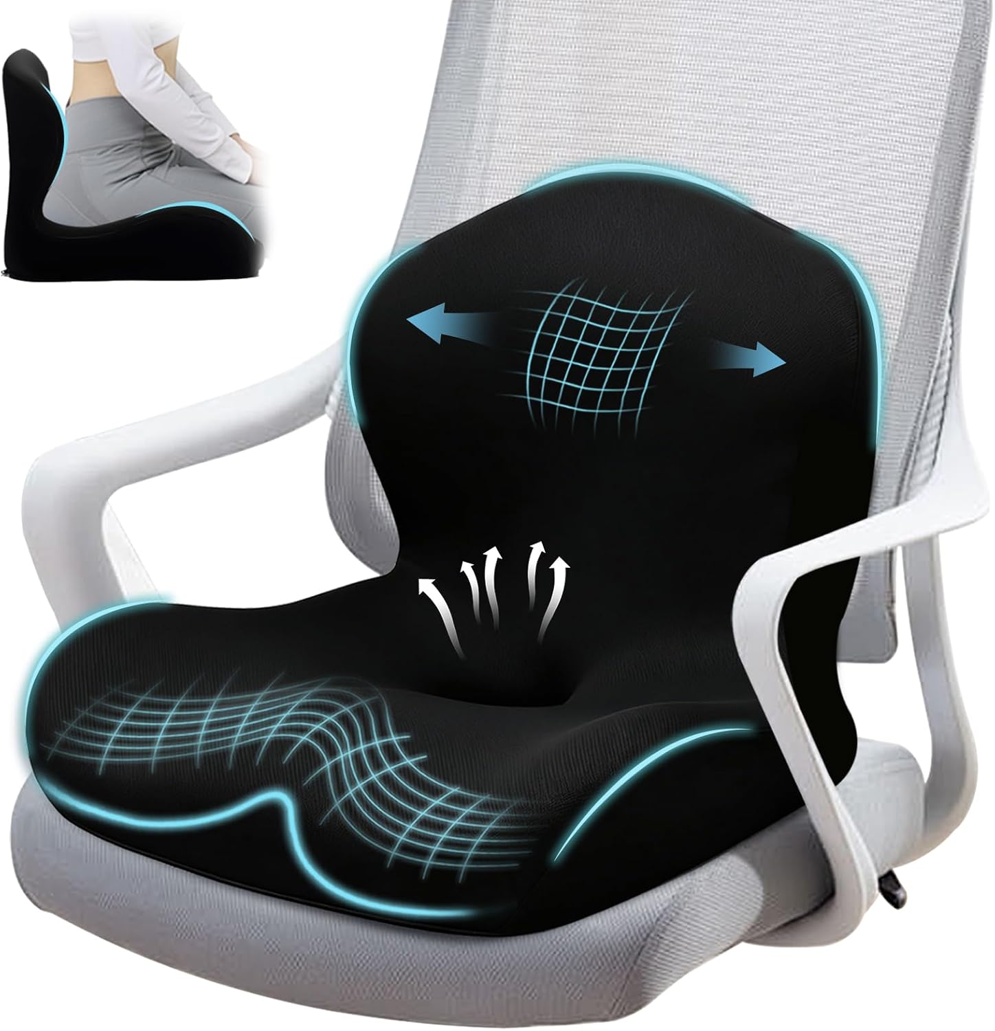 Seat Cushion for Office Chair and Car, L-Shaped Ergonomic Car Seat Cushions, Memory Foam Chair Cushion, Lumbar Support Pillow for Wheelchair, Car, Home, Office, Desk, Black