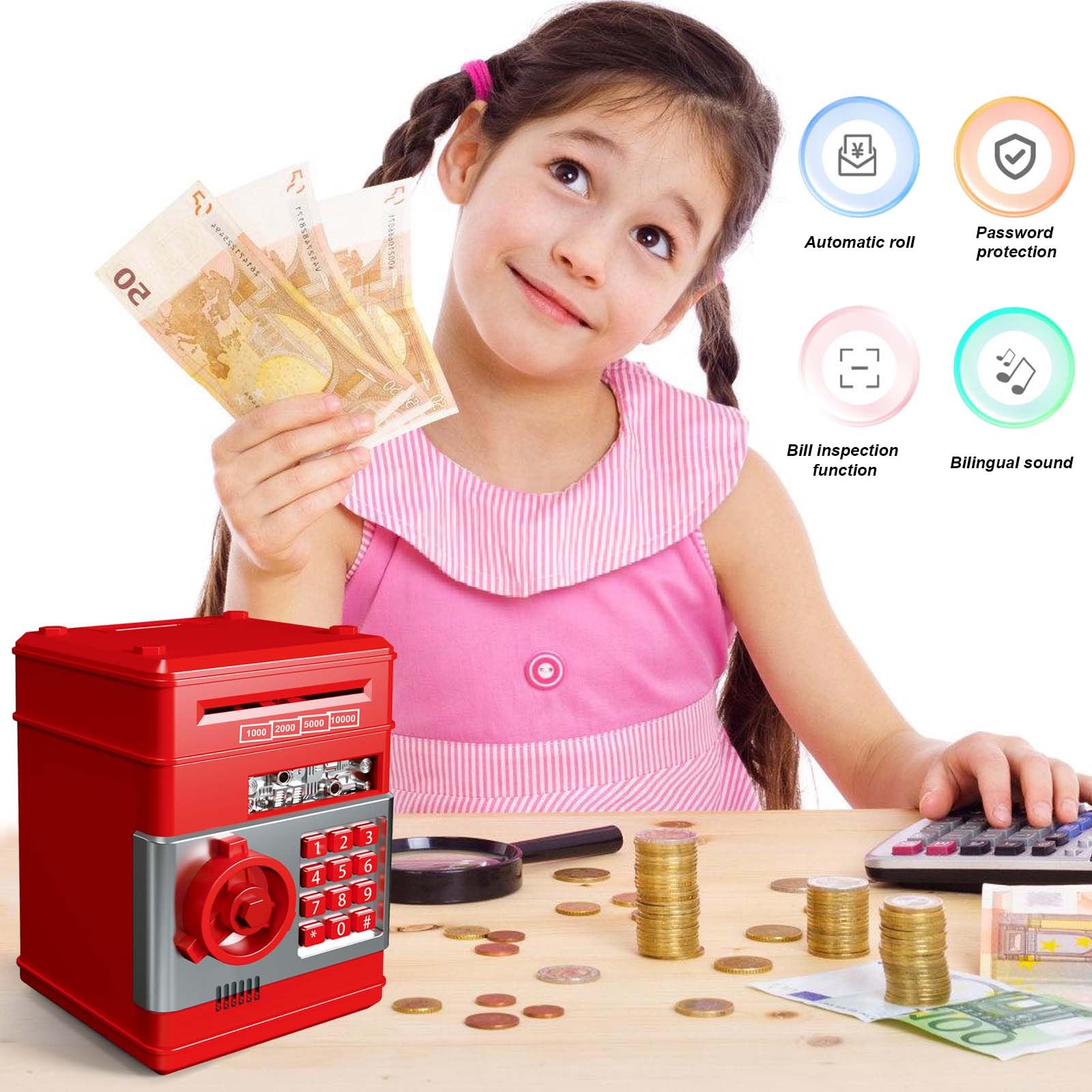 Spardose Für Kinder, ATM Sparschwein, Digitale Spardose Mit Passwort, Geldsparbox Mit Passwort Code Lock & Auto Money Scroll, ATM Sparschwein Kinder Für Münzen Scheine Geschenk (Rot)