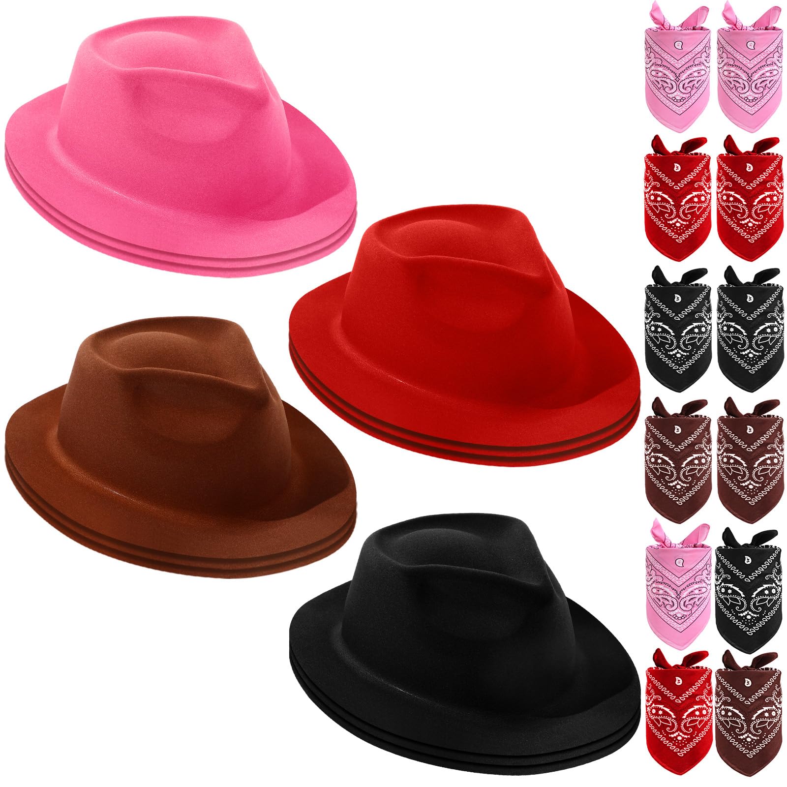 Haysandy 24 Pcs Western Cowboy Party Hats with Bandanas,Brown, Red, Black, Pink