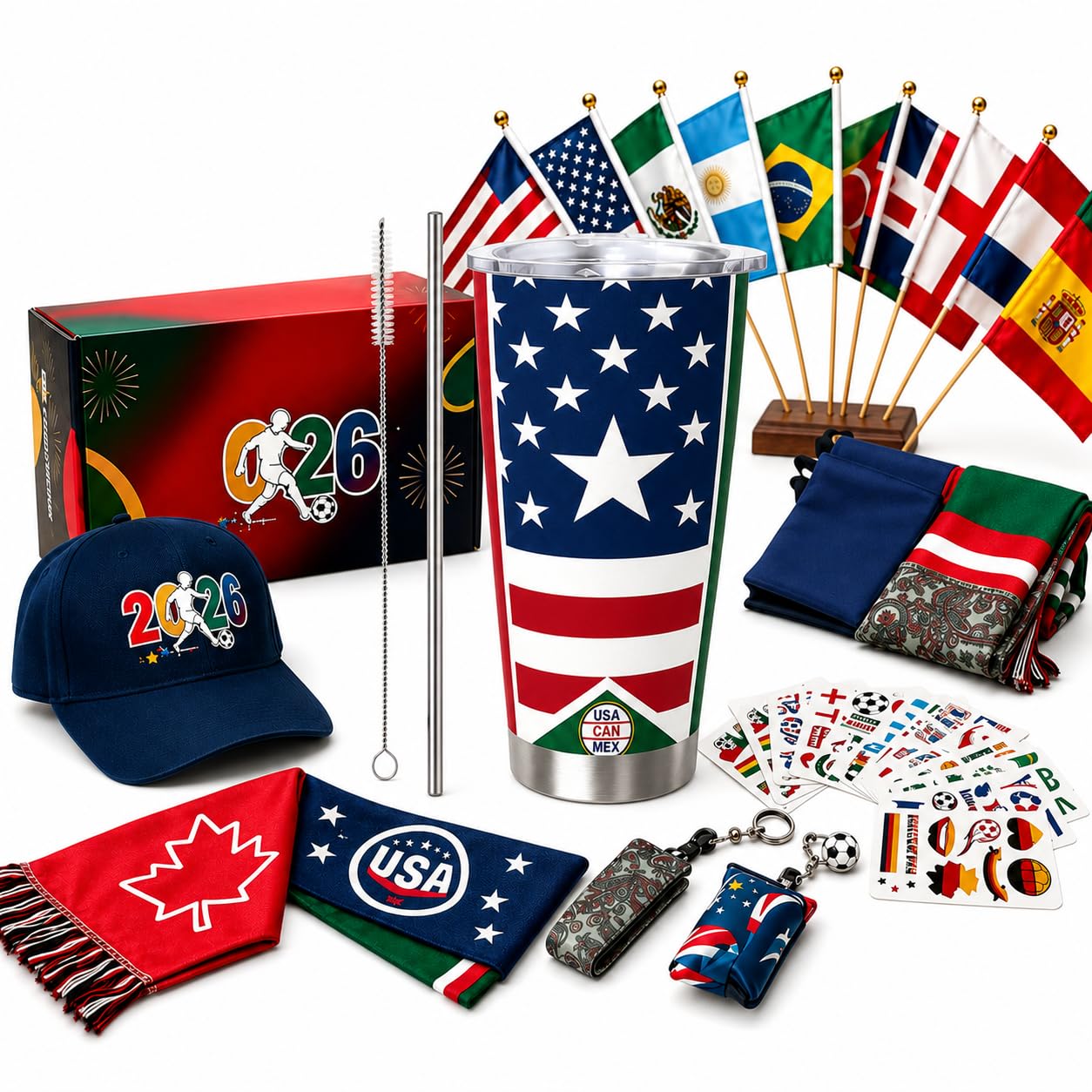 Kit per fan della Coppa del Mondo di calcio 2026, confezione da 30 pezzi, set di accessori premium con 12 bandiere nazionali, 13 adesivi a tema, berretto, bicchiere, asciugamano, portachiavi e borsa