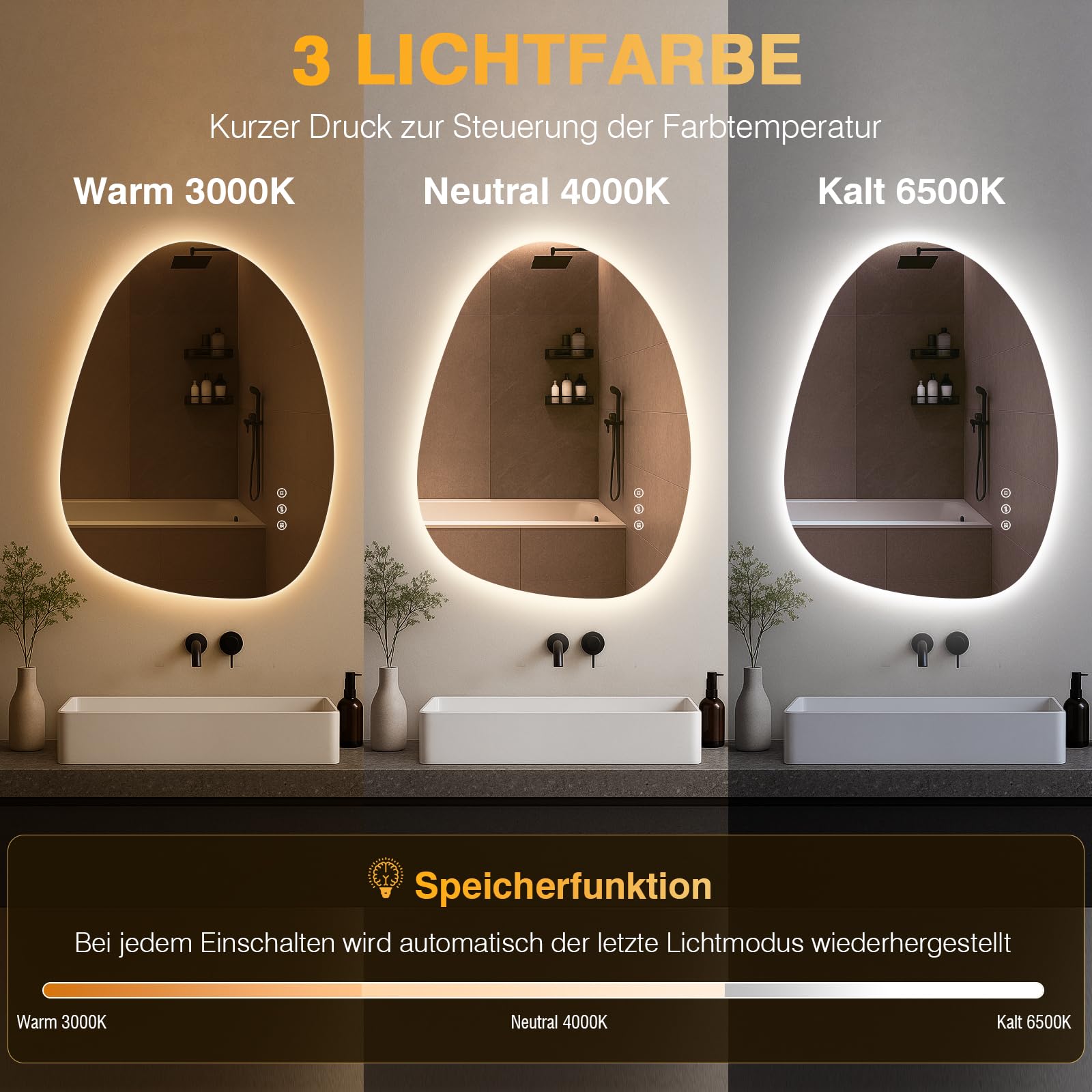 Asymmetrischer LED-Badspiegel mit Beleuchtung 65x50 cm, Beschlagfrei, 3 Lichtfarben Einstellbare Spiegel Bad mit Beleuchtung,Dimmbar, mit Memory-Funktion, Energiesparend,Horizontal/Vertikal