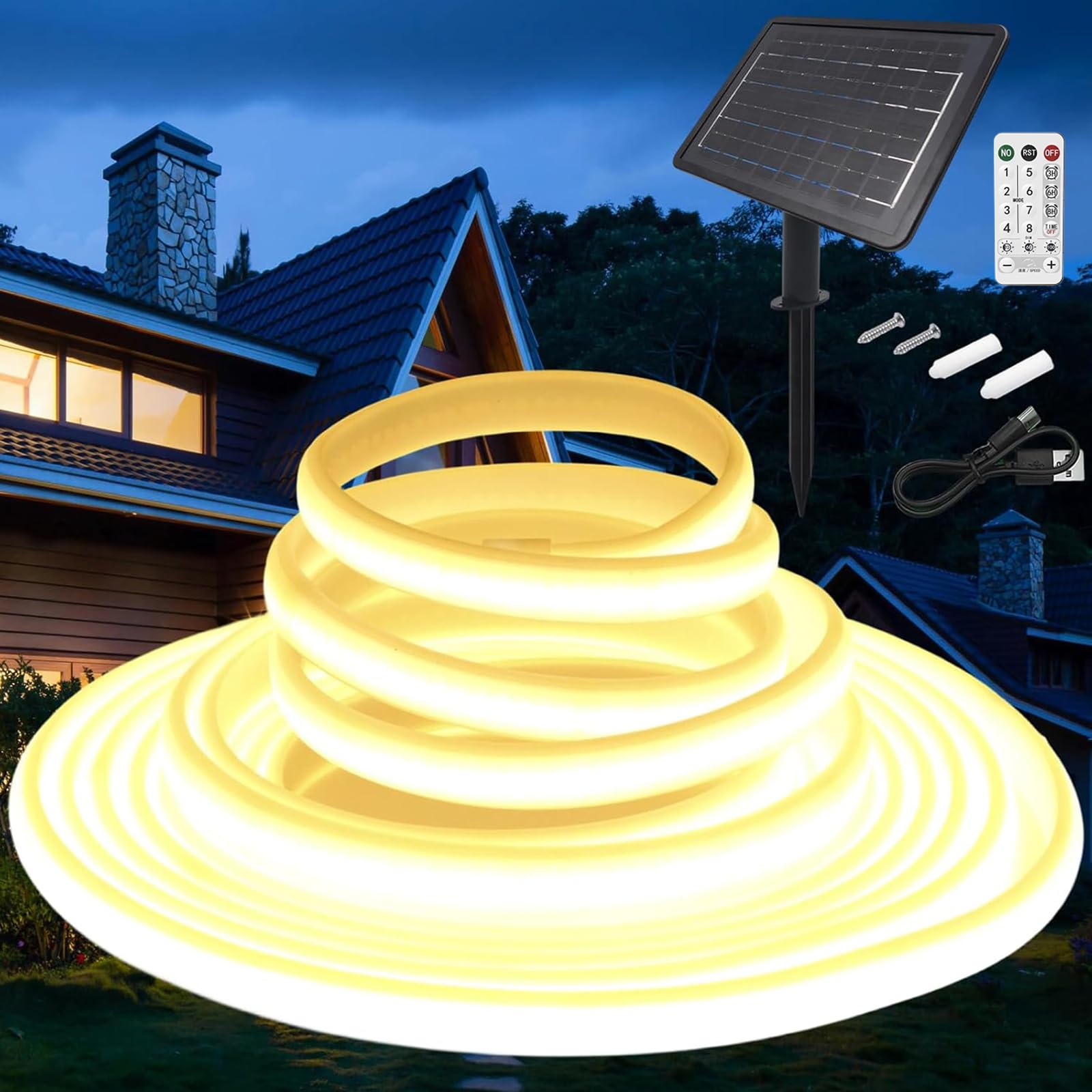 KISUFU 24V Solar LED Strip Lights, IP67 Waterproof 320 LEDs/m Flexible Double-Sided Tape Light Strip with 1200mah 8 Modes USB Solar Cell Box Controller for Fence Porch Gazebo Yard Trees Indoor Decor.