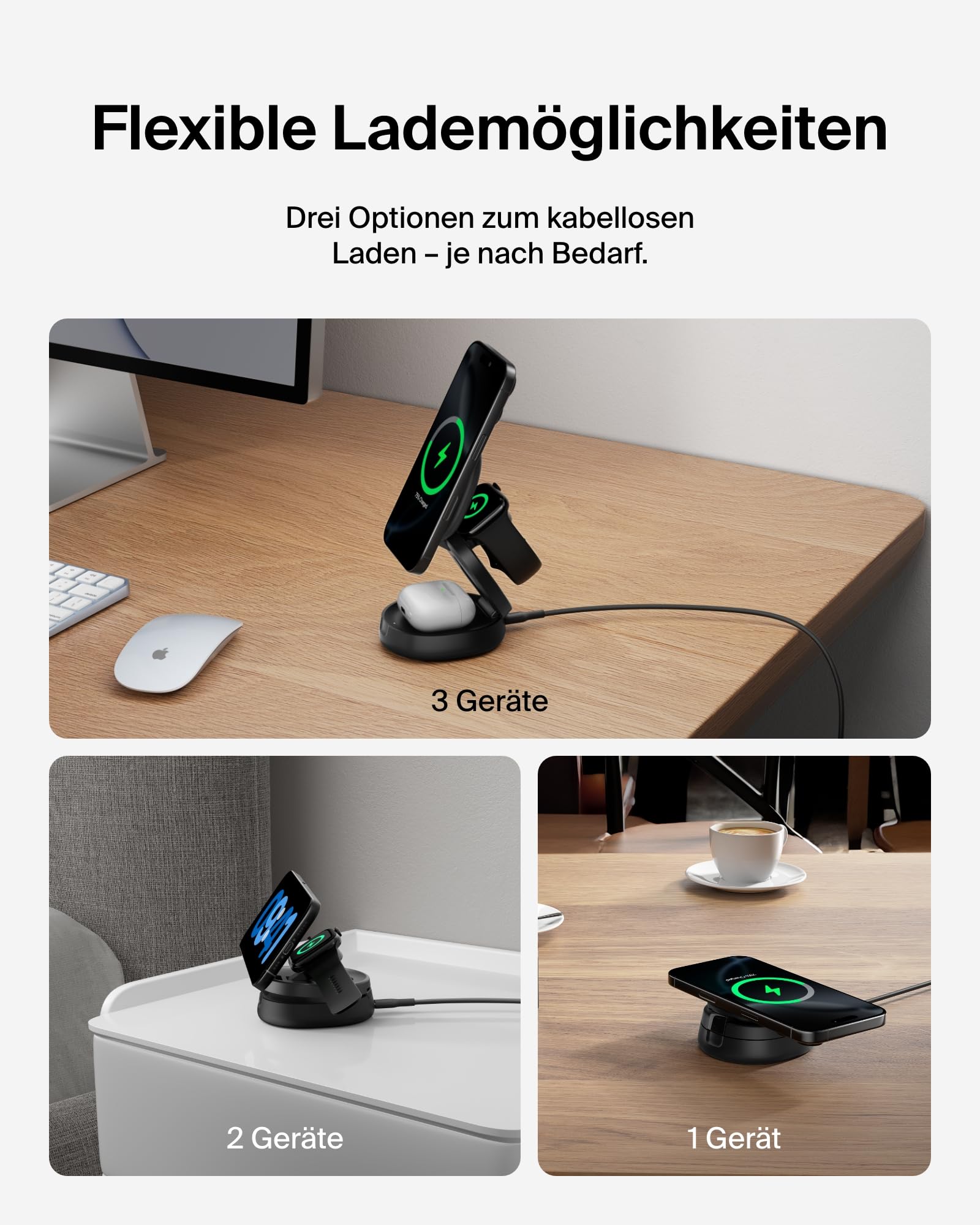 Belkin BoostCharge 3-in-1 Induktive Ladestation mit Qi2, 15W, MagSafe-kompatibles Ladegerät, Kabe... Ansicht 5