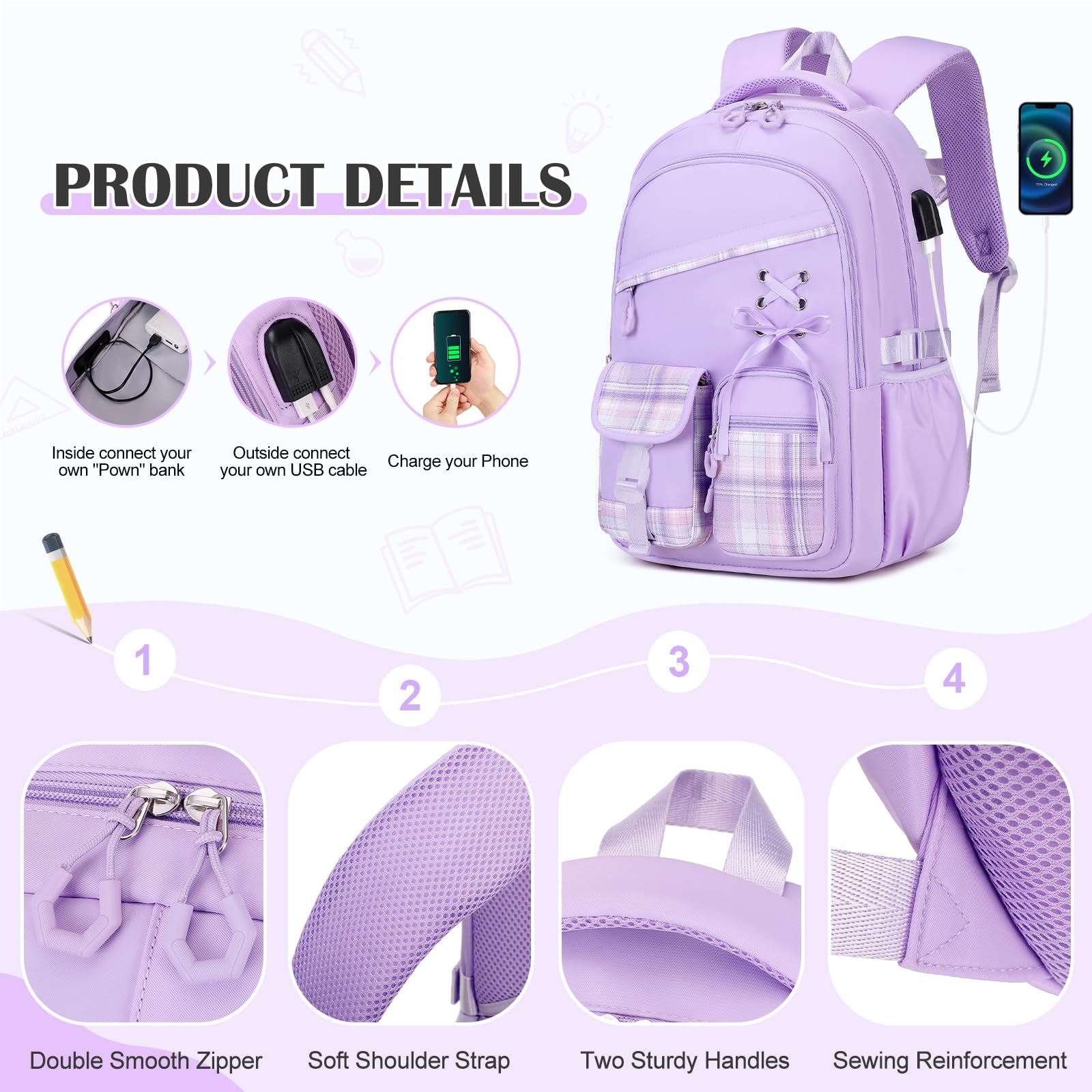 DIGOBAY Zaino Plaid Nastro, Viola, Zaini Tradizionali