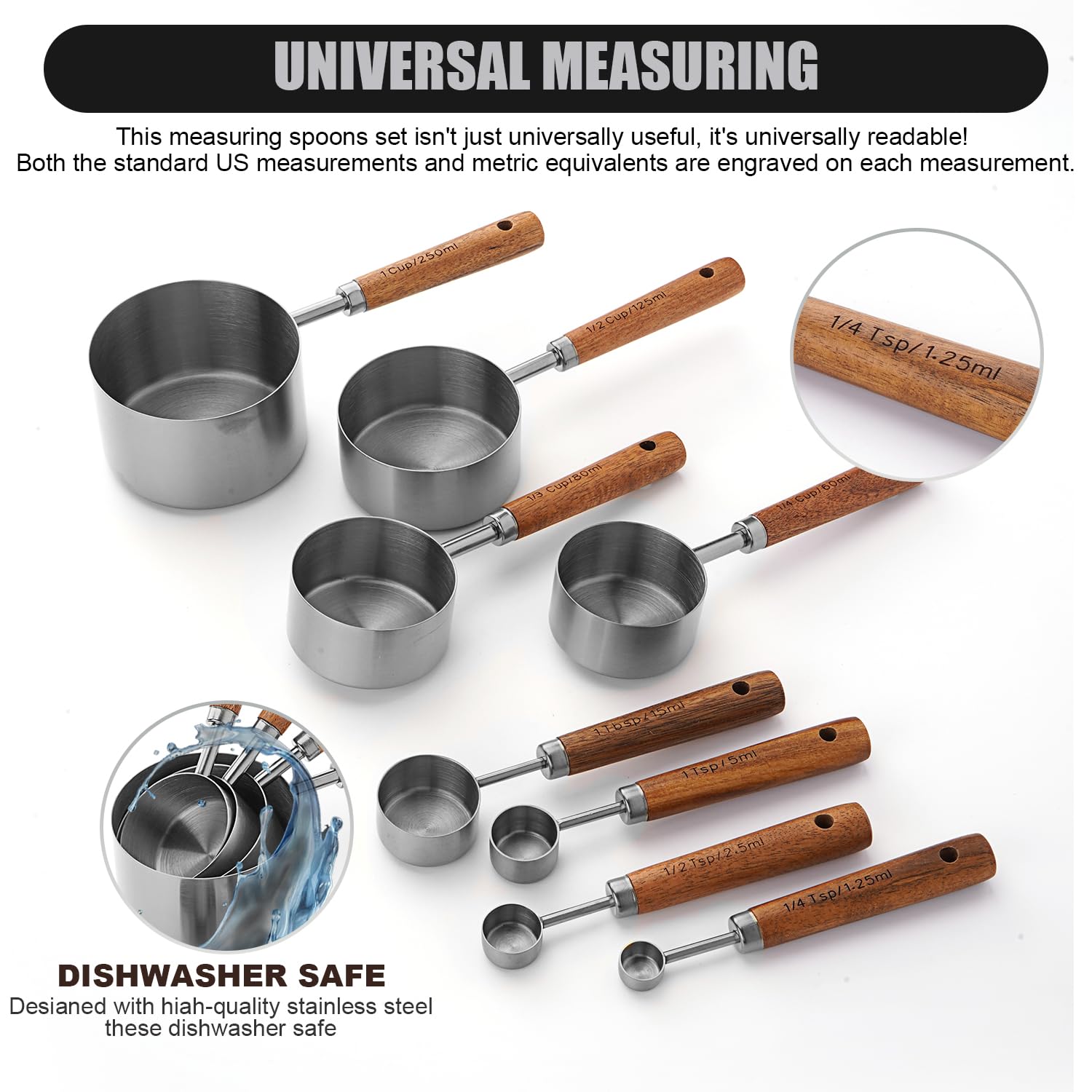 SHIKORI Goldfarbenes Messbecher- und Löffel-Set mit Holzgriffen, Premium-Edelstahl-Messlöffel und Messbecher-Set, Silber