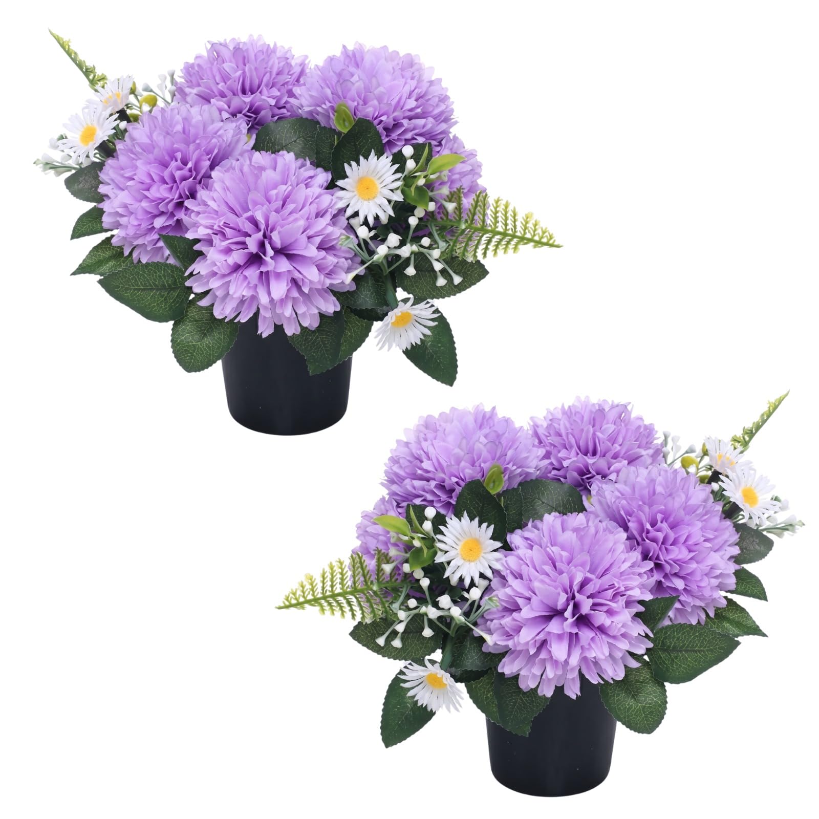 Homesecret Pack 2 Artificial Flowers for Graves in Pots 25cm | Purple Daises Grave Flower Pots for Christmas | Luxury Memorial Flowers for Graves, Funerals & Lasting Tributes | All Season Displays