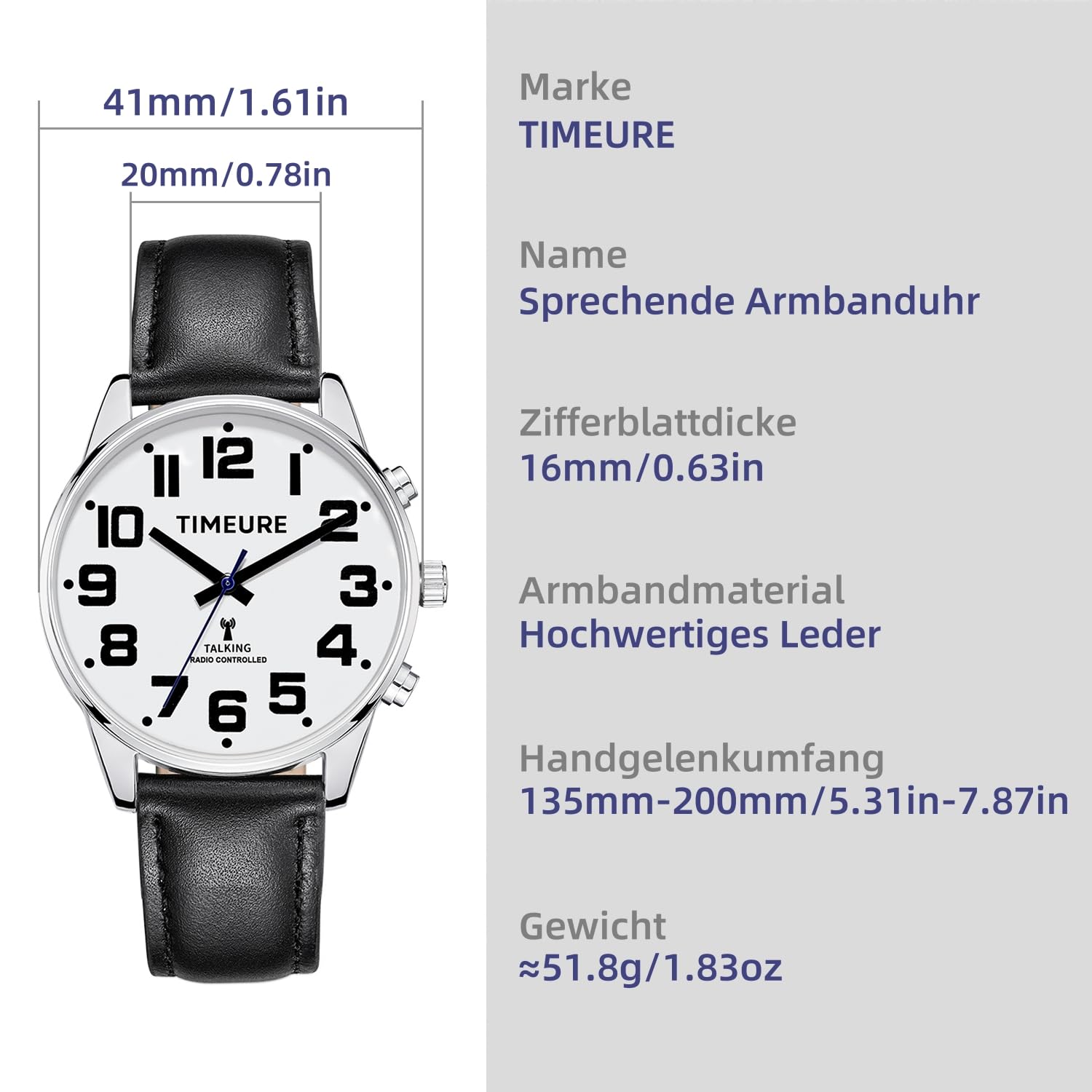 TIMEURE-2309M Sprechende Herren-Funkarmbanduhr mit Analoganzeige | Sprachansage von Uhrzeit und Datum. Automatische Zeitkalibrierung. Alarm und einstellbarer Stundenschlag.