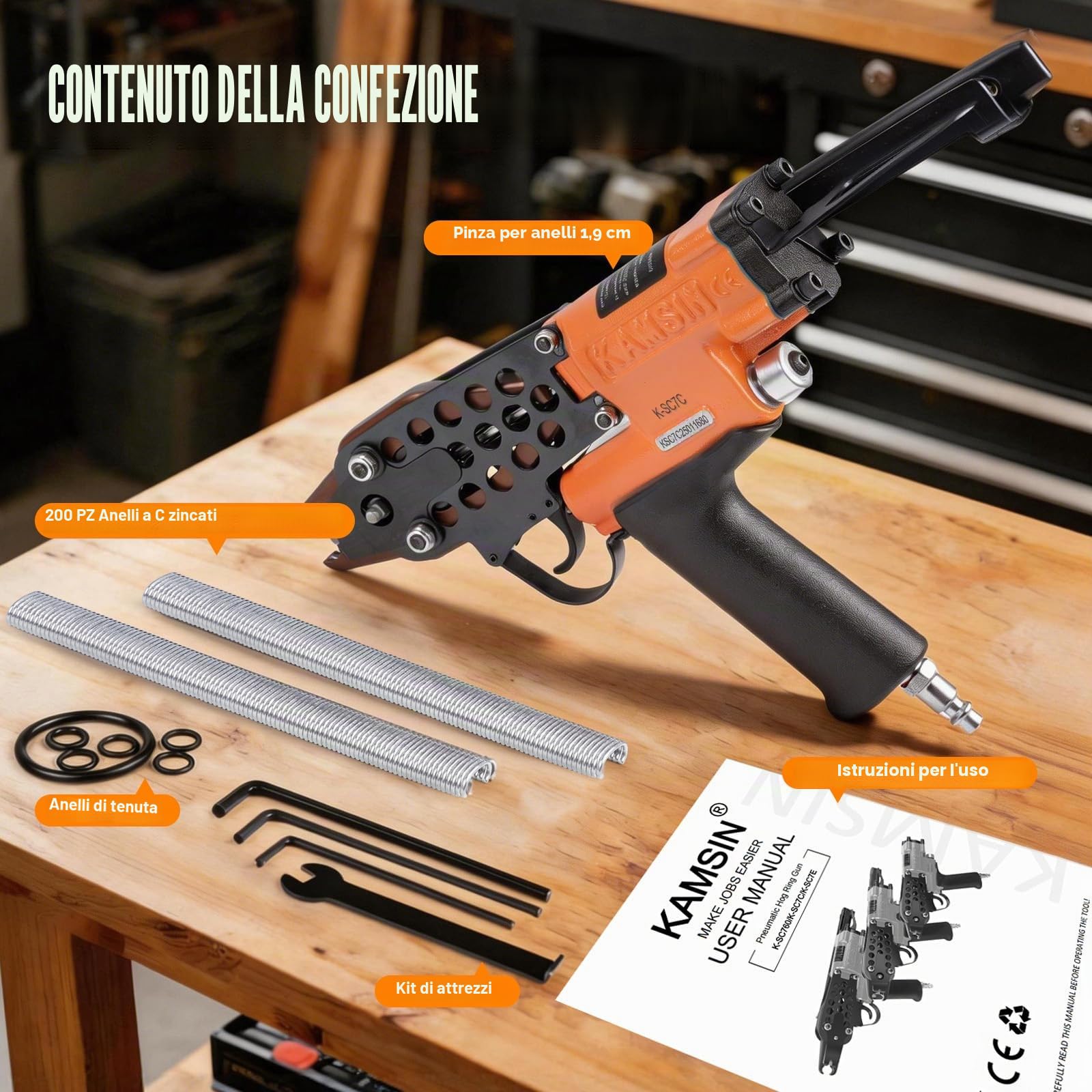 K-SC7C Pistola pneumatica ad anello di porco da 15 gauge Corona da 3/4” Diametro di chiusura 4,8 mm Cucitrice ad anello di porco Pistola ad anello di porco Cucitrice ad anello di C | Chiusura 4,8mm, corona 19mm, caricatore acciaio 125 chiodi, 70-100 PSI,