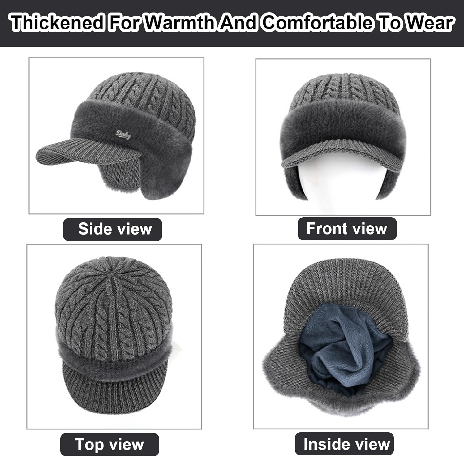 Trapper Hat, Winter Knit Hat with Ear Flaps and Fur Brim Moisture Wicking Comfort, Baseball Beanie Warm Stylish for Men - Image 4