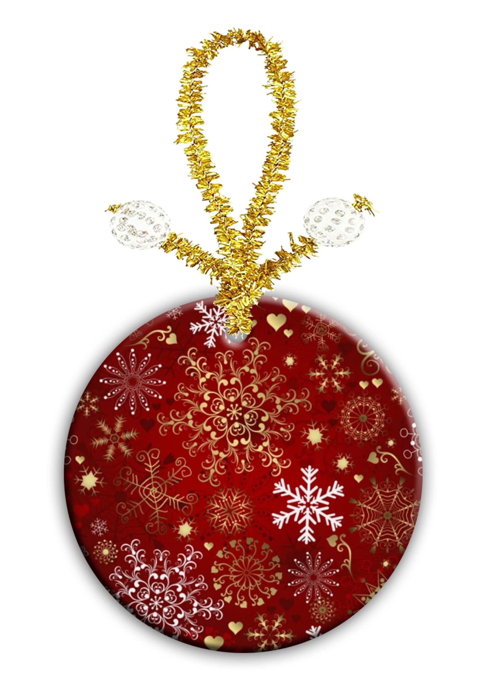 Personalized Round Christmas Ornaments Porcelain Ceramic Decorations Tree Hanging Ornaments for Home Indoor Outdoor Decor Christmas Red Seamless Pattern with Gold and White Snowflakes