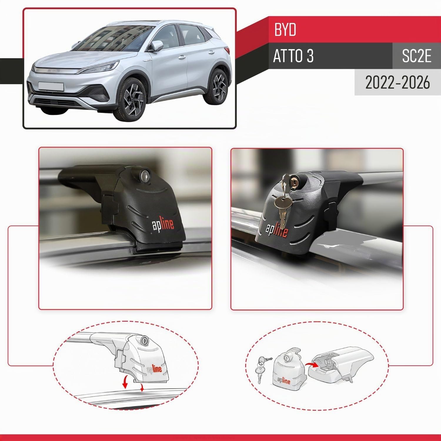 RE&AR Tuning Compatible avec BYD Atto 3 2022-2025 ACE-2 Barres de Toit Railing Porte-Bagages de Voiture Gris Aluminium 2 Barres