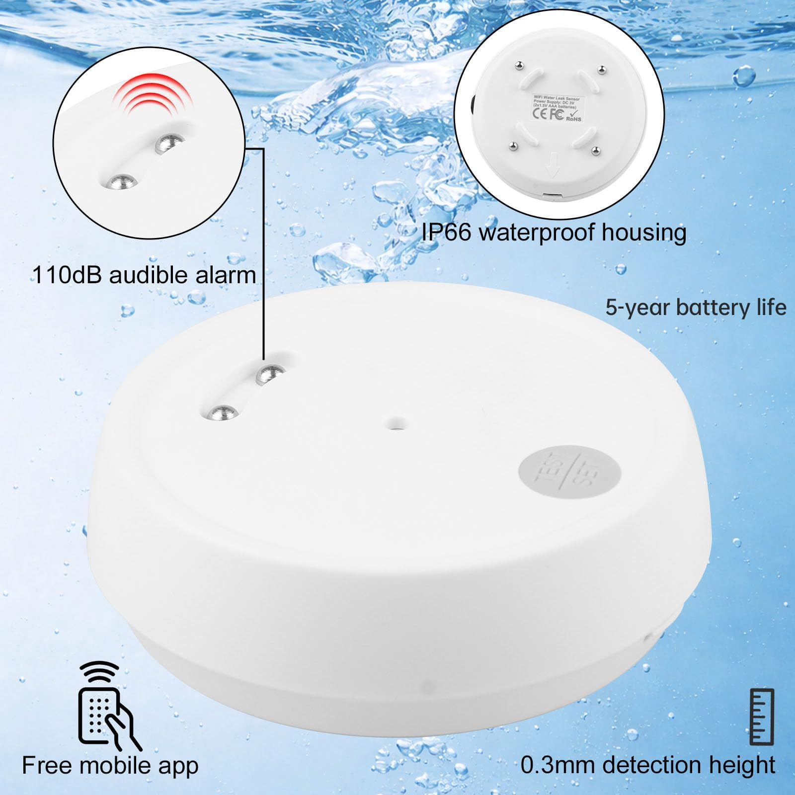 Detector Agua Inteligente WiFi Sensor de Alarma Audio Detector Inteligente de Fugas Agua Inundación Inalámbrico 110 dB para Lavabo Sótano Cocina Notificación App Impermeable IP66