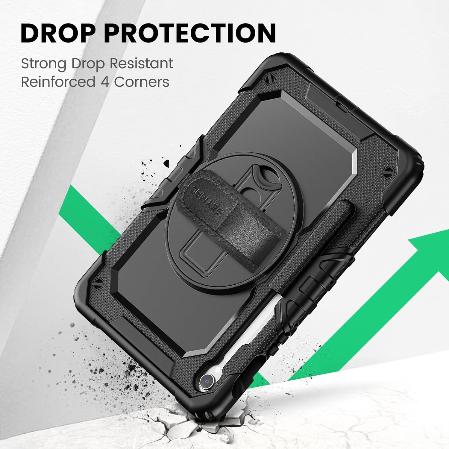 SEYMAC Case for Samsung Galaxy Tab S10 Lite/ S10 FE/ S9 FE/ S9 5G (10.9''/11''), Heavy Duty Shockproof Protective Case with Screen Protector, Rotating Stand, Hand Strap and Pen Holder, Black