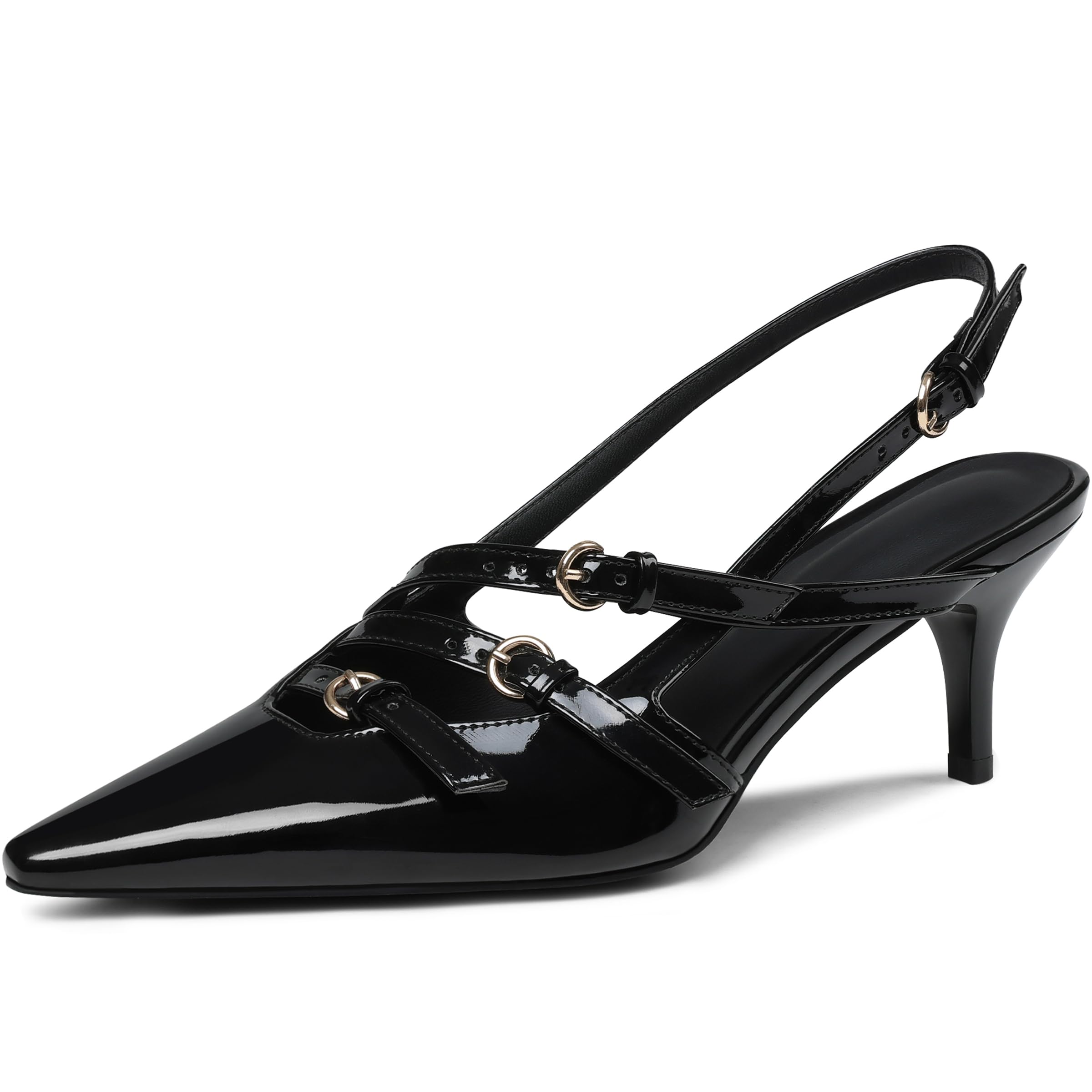 COMFITORIA Slingback Kitten Heels for Women Pointed Toe Low Stiletto Heels with Buckled Straps Slip-On Pumps Party Dress Working