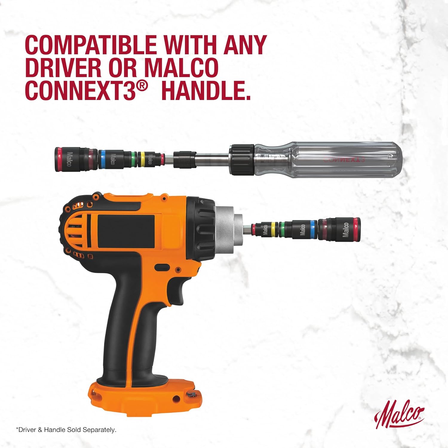 Malco 7-in-1 C-RHEX Flip Bit Socket Set with 3 cleanable, reversible, and stackable, color-coded sockets featuring an ultra-powerful magnet and a T25 integrated driver head. Impact Rated.