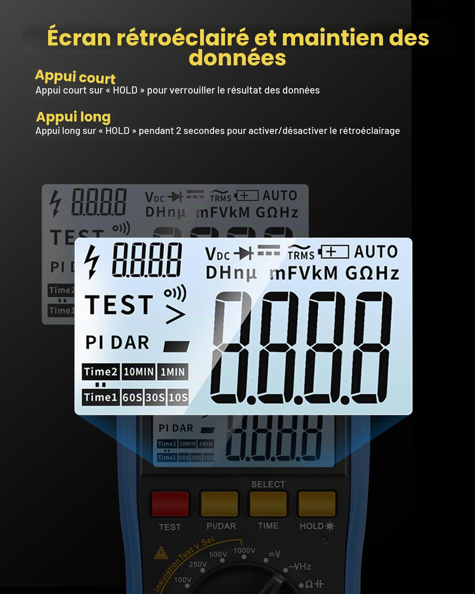 Mégohmmètre et multimètre numérique 2 en 1 - Testeur de résistance d'isolation - 20 GΩ/1000 V - Prise de données - Testeur de tension AC/DC - Mesure de la capacité pour les tests électriques