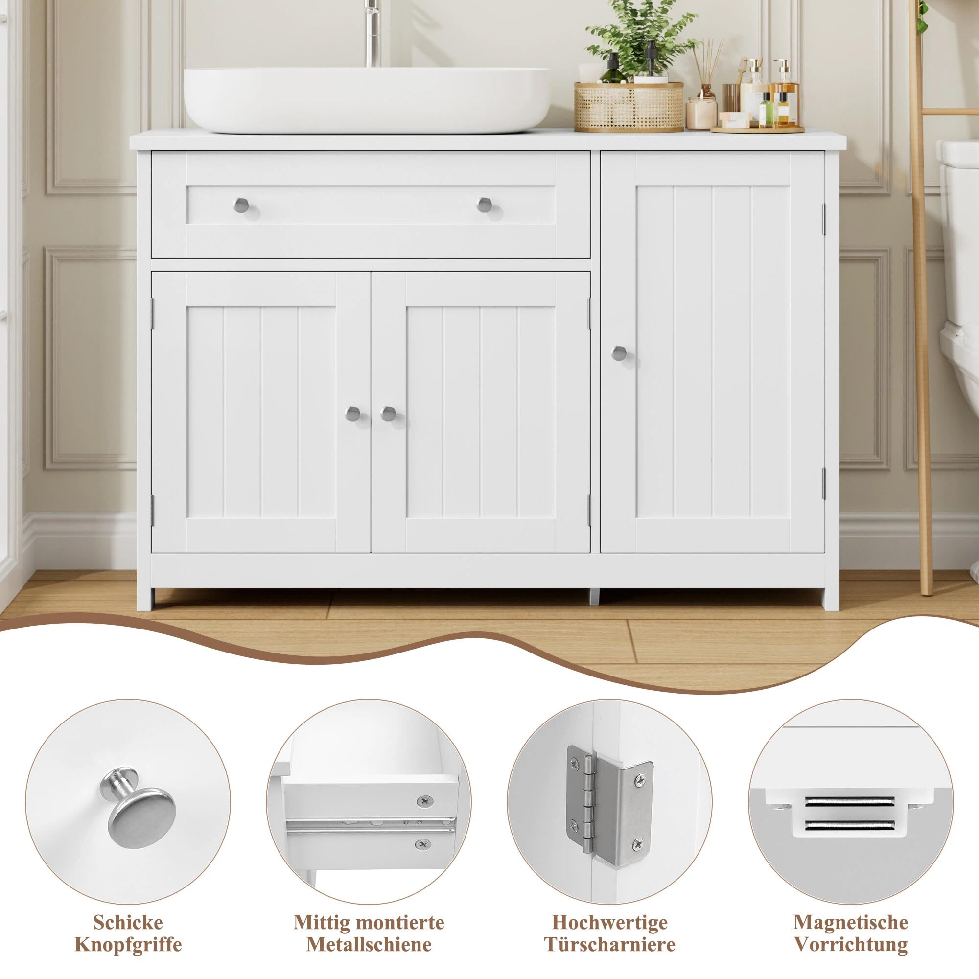 FOREHILL Waschbeckenunterschrank 90cm breit Badezimmer Unterschrank Weiß | Badezimmerschrank mit 3 Türen, 1 Schublade und verstellbarem Regal, 90x30x61,5cm