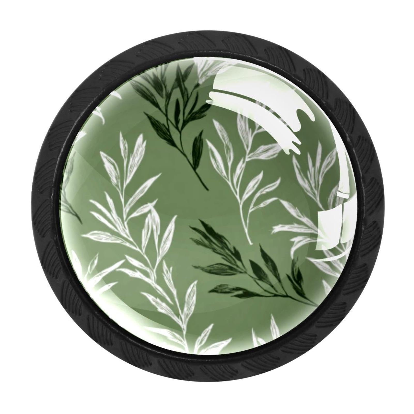 CHENZZZZ 4 Pack Round Cabinet Knobs for Kitchen Bathroom Closet Dresser Cabinets, Sage Green Botanical Leaves (3)