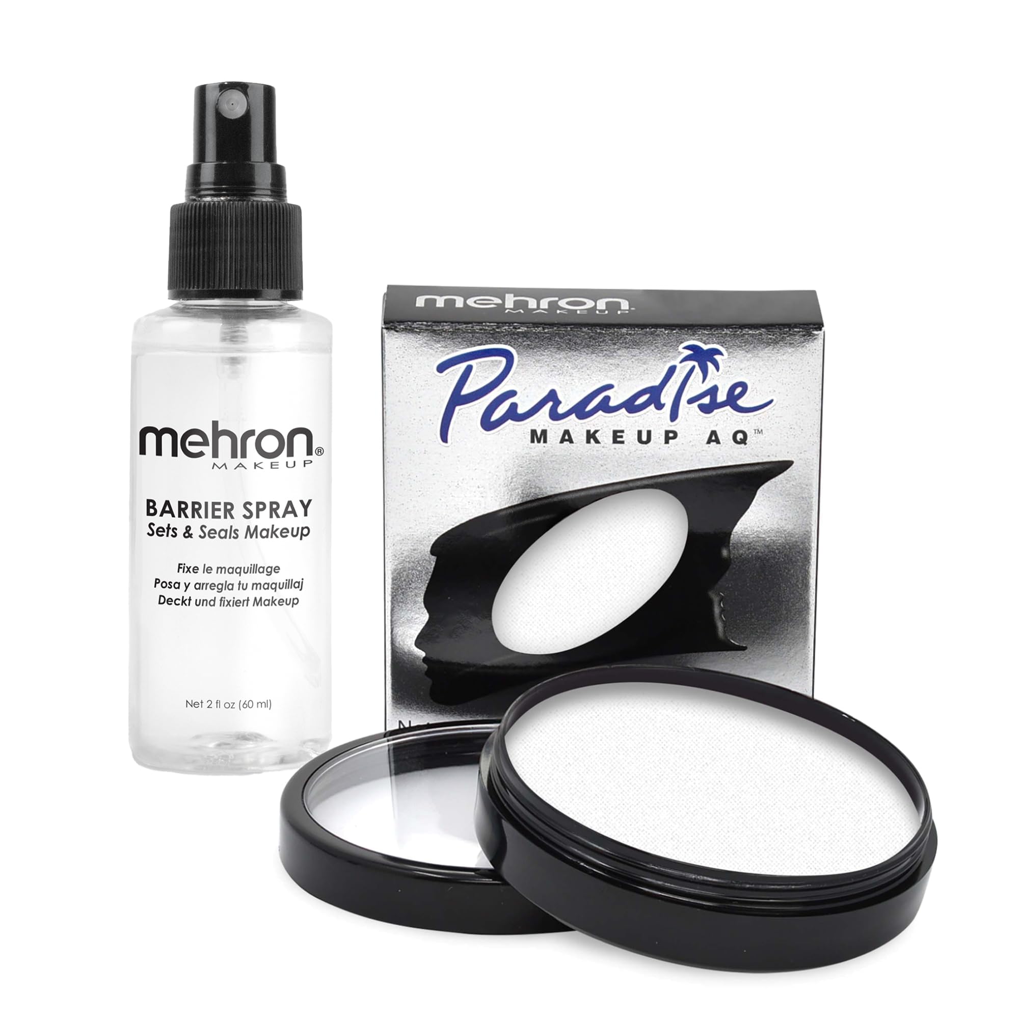 MehronMakeup Paradise AQ & Barrier Spray Combo Pack | Before & After Setting Spray for Makeup 2 fl oz (60 ml) Plus Pro Size Water Activated Face Paint & Body Paint 1.4 oz (40 g) (White)