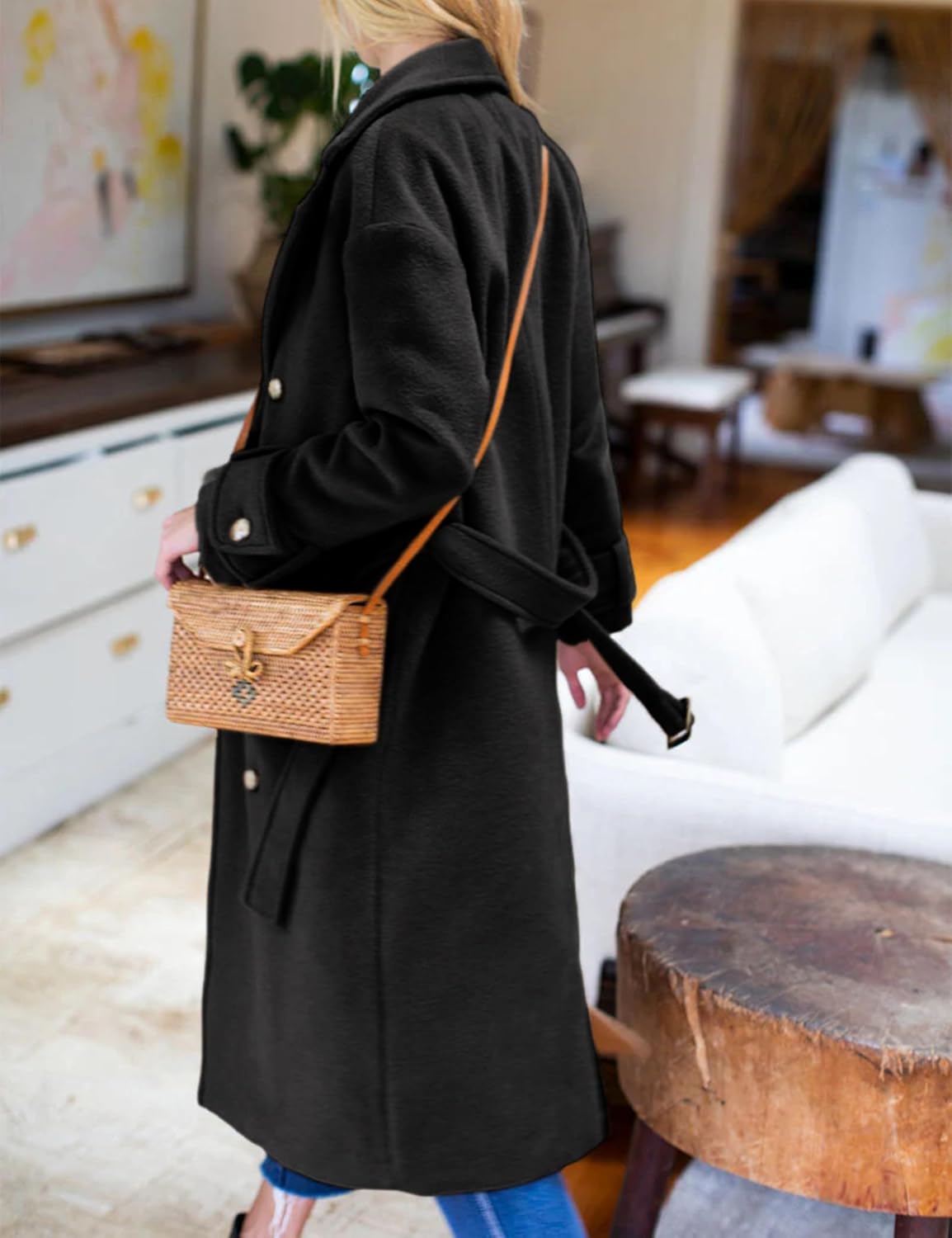 Hooever Women's Long Wool Coat Fall Winter Notched Lapel Double Breasted Trench Coat Peacoat with Belt - Image 3