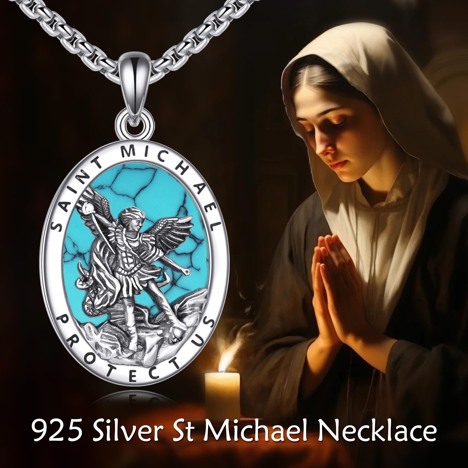Sankt Michael Halskette 925 Sterling Silber Schutzpatron Halskette Sankt Michael Medaille Erzengel Michael Anhänger Türkis Amulett Schmuck für Männer Frauen