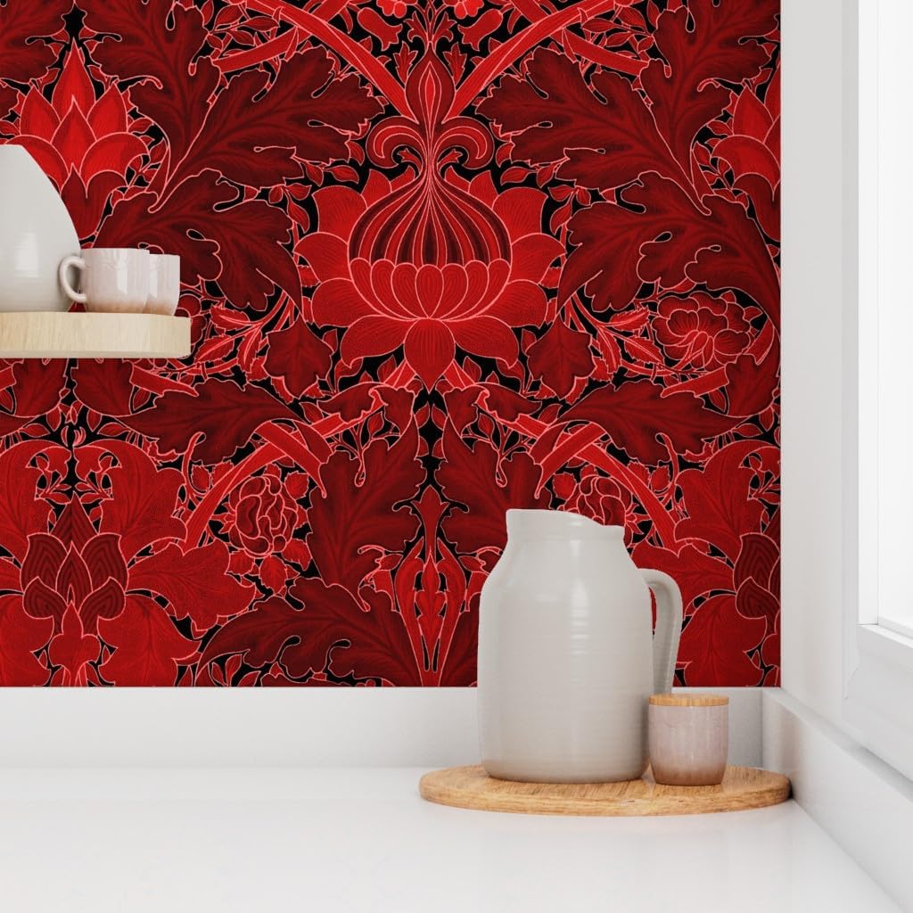 Removable Wallpaper 6ft x 2ft - Damask Red Black Art Nouveau Victorian Floral Custom Pre-Pasted Wallpaper by Spoonflower