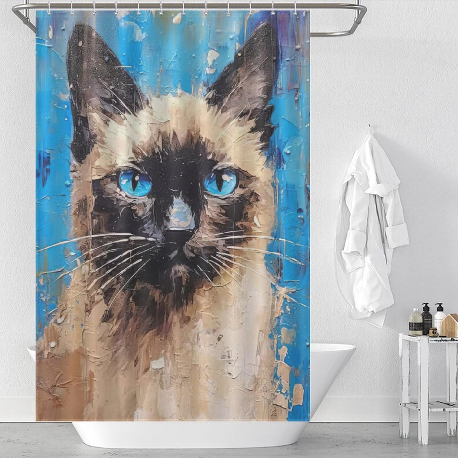 Rideau de douche textile anti-inondation motif chat avec crochets pour baignoire