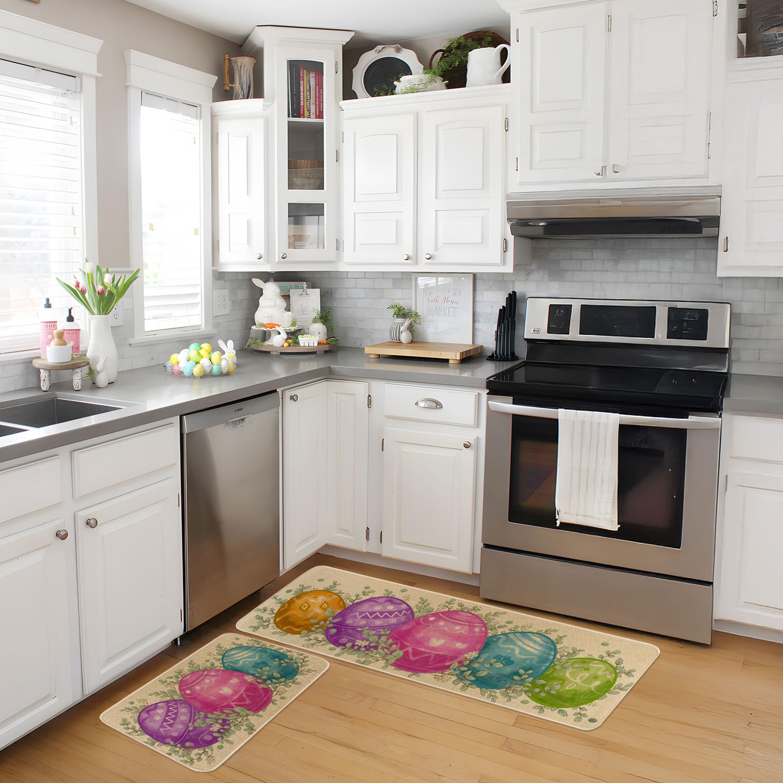 Moutina Colorful Easter Eggs Easter Kitchen Rugs Set of 2, Spring Summer Home Decor Low-Profile Kitchen Mats for Floor - 17x29 and 17x47 Inch
