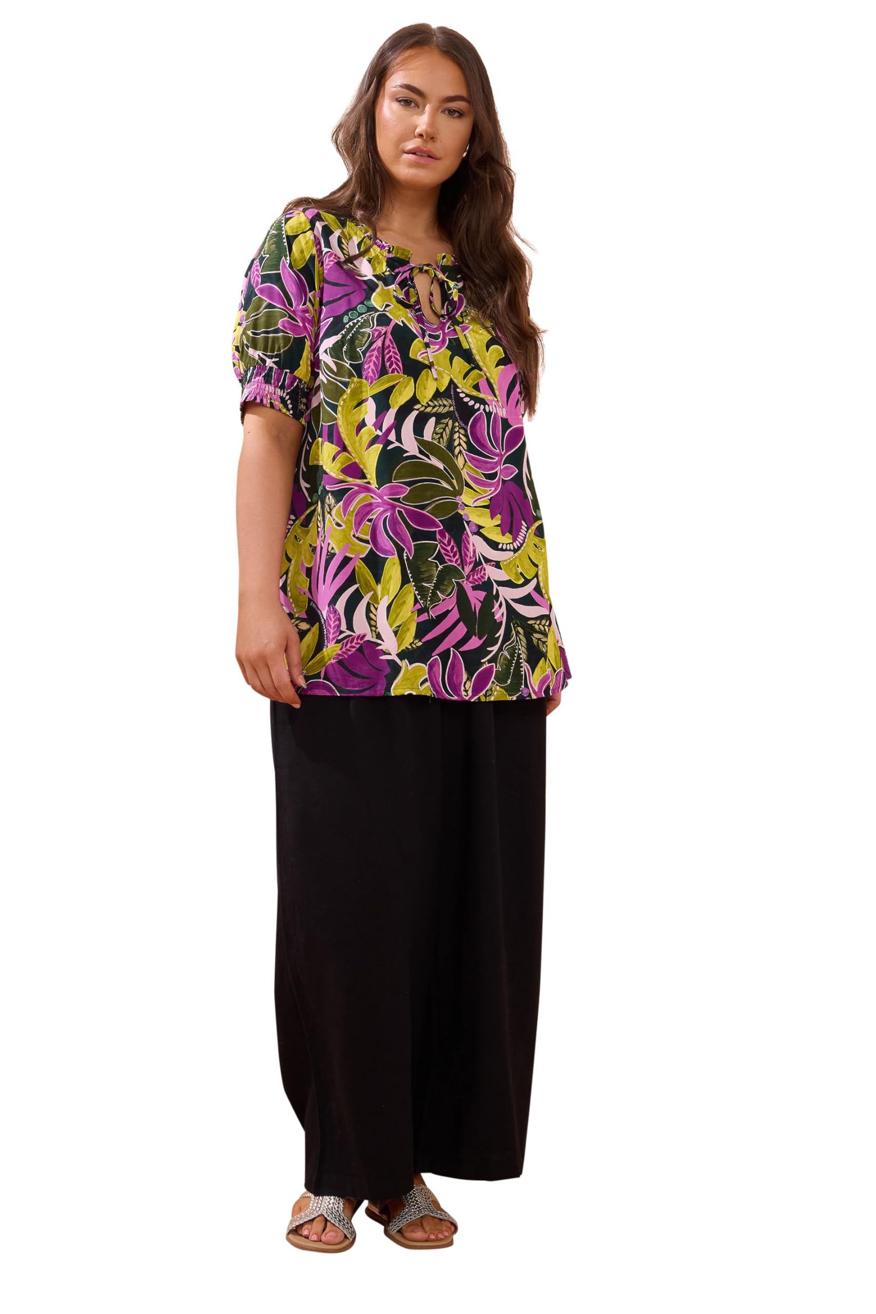 EVANS Curve Leaf Print Modal Tie Neck Top - Women's - Plus Size Curve Green