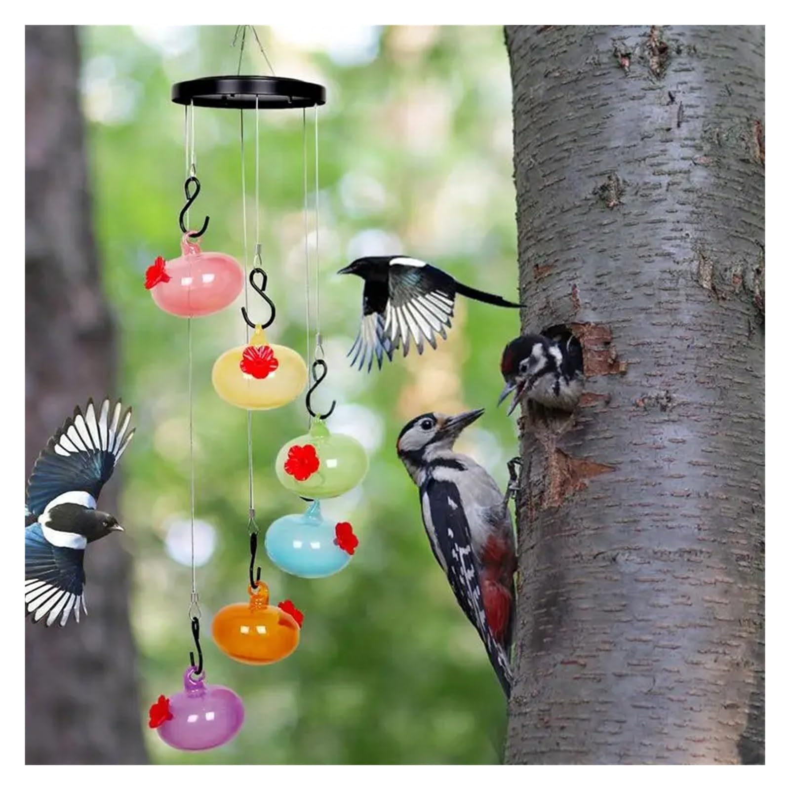 Kuranty Wietrzne Karmnik Dla Kolibrów Ptaków Ręcznie Dmuchane Szkło Dzwonek Wietrzny Do Ogrodu Yard Home Decor łAtwy W Utrzymaniu(Glass colorful)