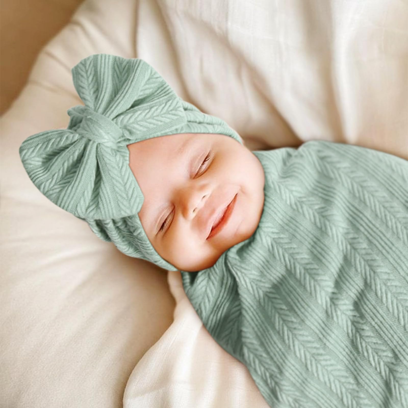 Copertina Neonato Con Cappello E Fascia - Set Avvolgente 80x80 Cm In Tessuto Morbido - Foto 4