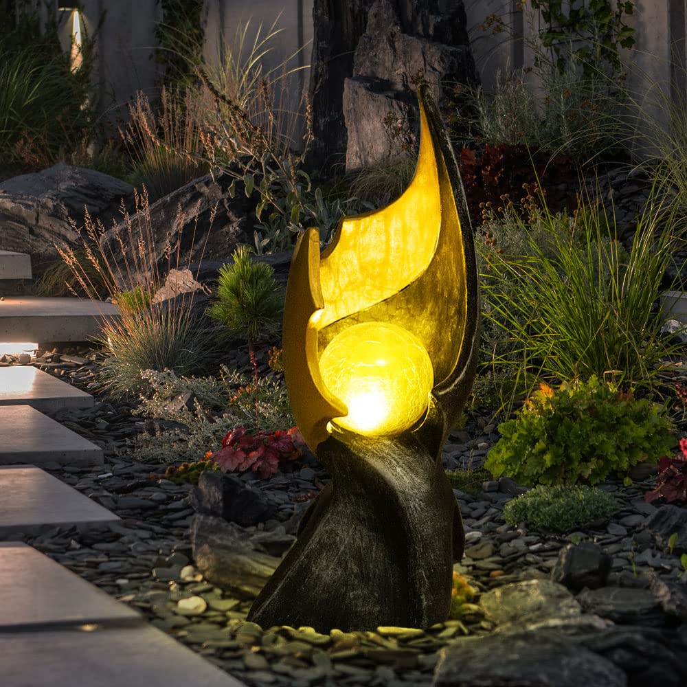 GLOBO LED Solar Flamme Solarlampen für Außen Garten Dekoration Solarleuchte mit Flammeneffekt, gold braune Skulptur mit bezauberndem Lichteffekt, 1x LED warmweiß, H 36 cm, 2er Set