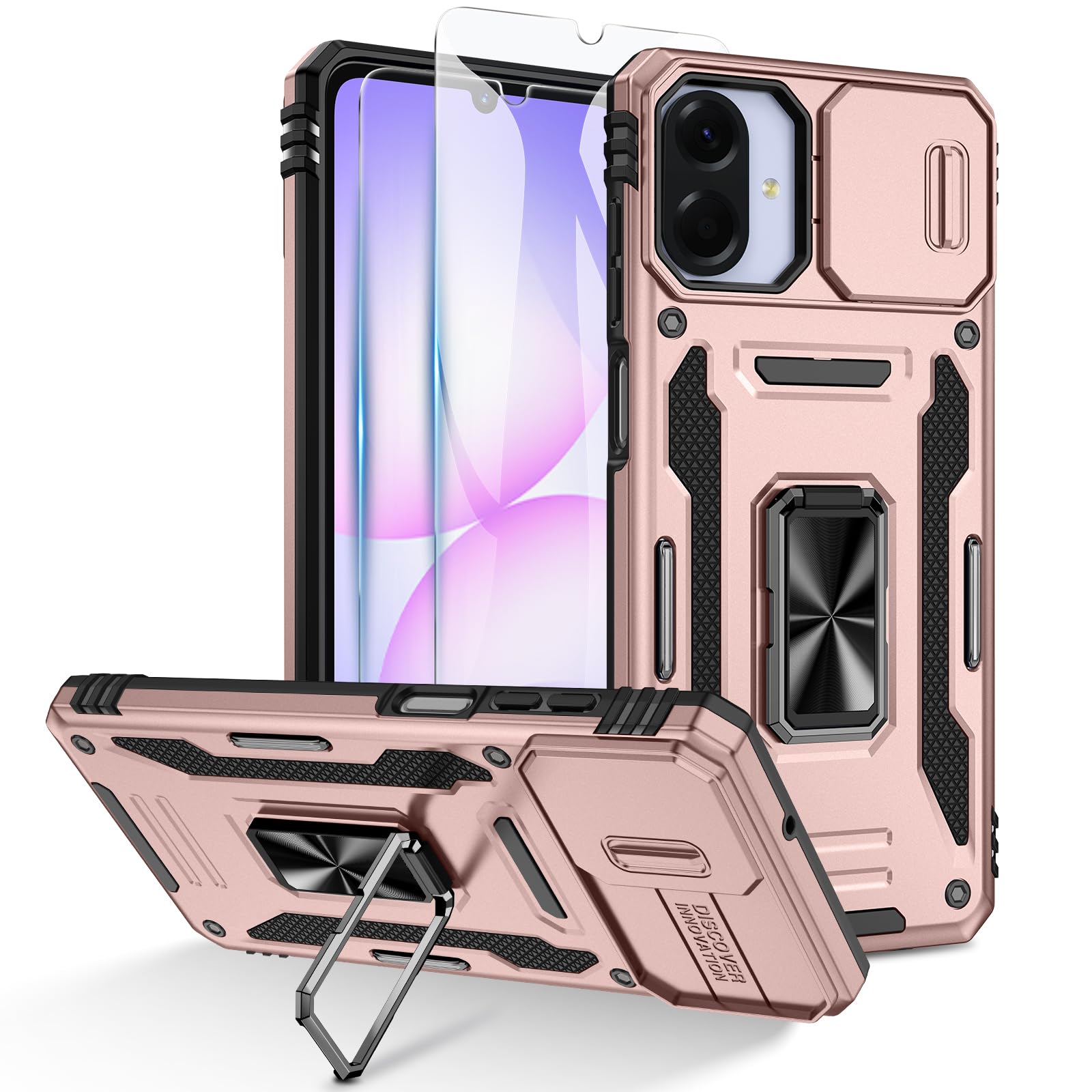 Doeshine für Samsung Galaxy A07 4G Hülle mit 2 Stück Displayschutzfolie & Kameraschutz, Rotate Ring Ständer, Robust Fallschutz Handyhülle Outdoor Militär Schutzhülle für Galaxy A07 4G (Roségold)