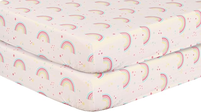 100% Egyptian Cotton Cot Bed Fitted Sheet Thread Count 200 2 Pack - Rainbow - 60 x 120 cm
