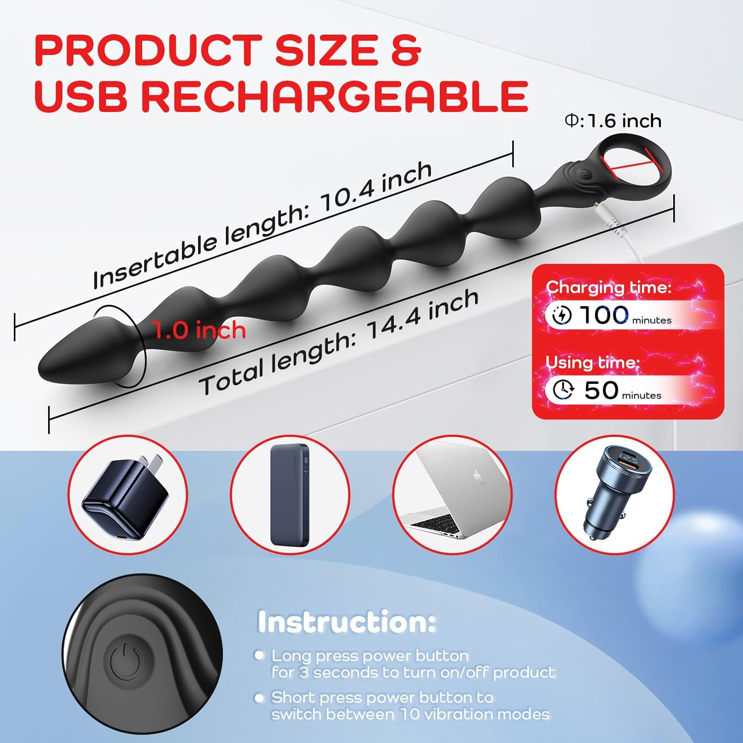 14.4 Inch Soft Liquid Silicone Vibrating Anal Beads, SMAM Rechargeable Long & Flexible Vibrating Butt Plug Prostate Massager with 10 Vibration Modes, Anal Toy Anal Sex Toys for Men Women Couples