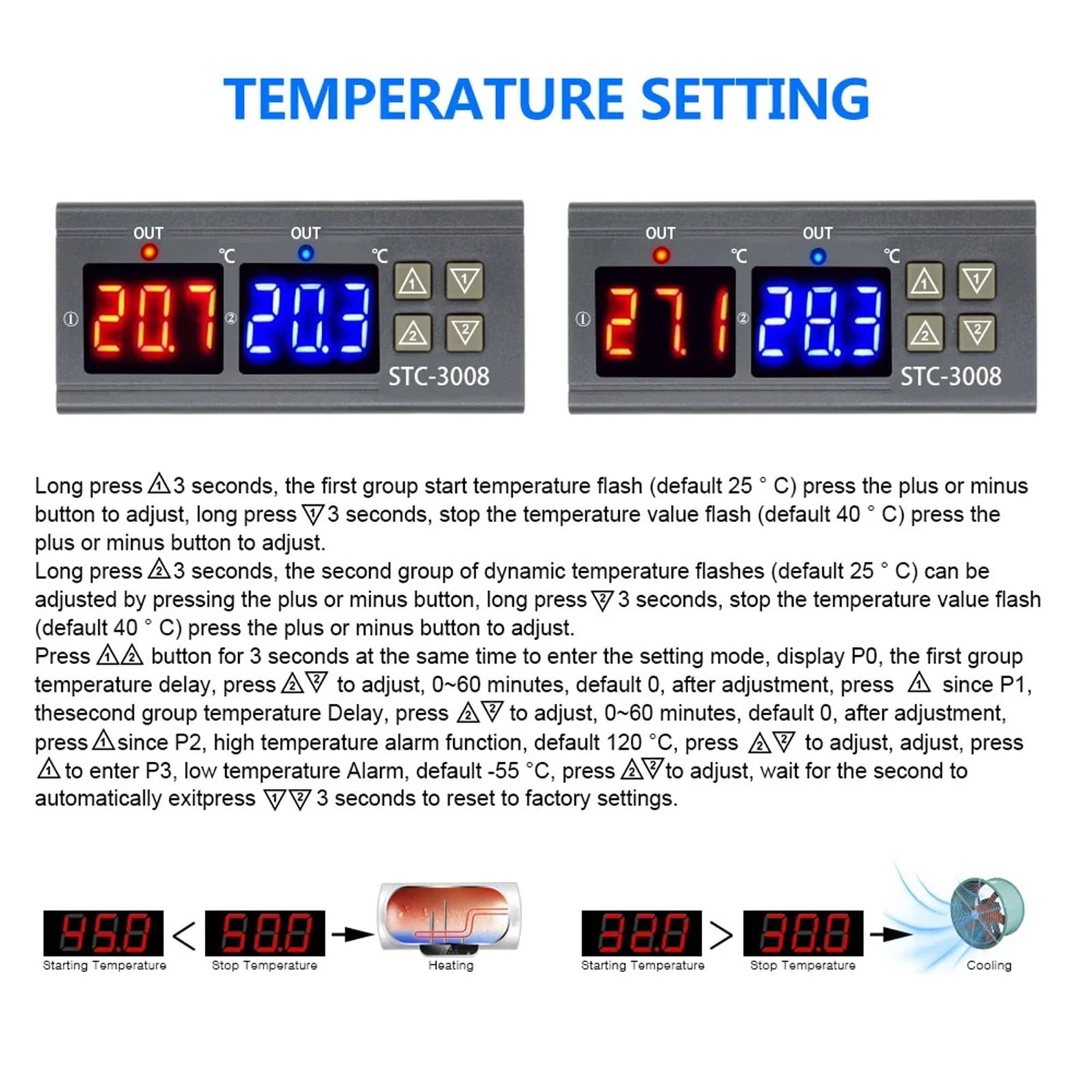 1 pz STC-3008 Doppio regolatore di temperatura digitale Due uscite relè 12 V/24 V CA 220 V Termostato termoregolatore con riscaldatore e raffreddatore(DC 12V)