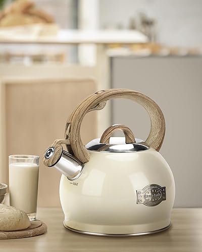 Miniatura 7 de Tetera para estufa, hervidor de té silbante de 2.1 cuartos de galón, tetera con mango plegable de acero inoxidable de grado alimenticio y patrón de
