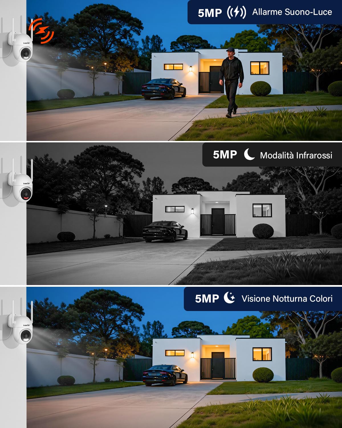 5MP Telecamera WiFi Esterno, Telecamera Aggiuntiva, Registrazione 24/7, Rilevamento Movimento, Tracciamento Automatico, Visione Notturna a Colori, Solo WiFi NVR, Eseecloud APP