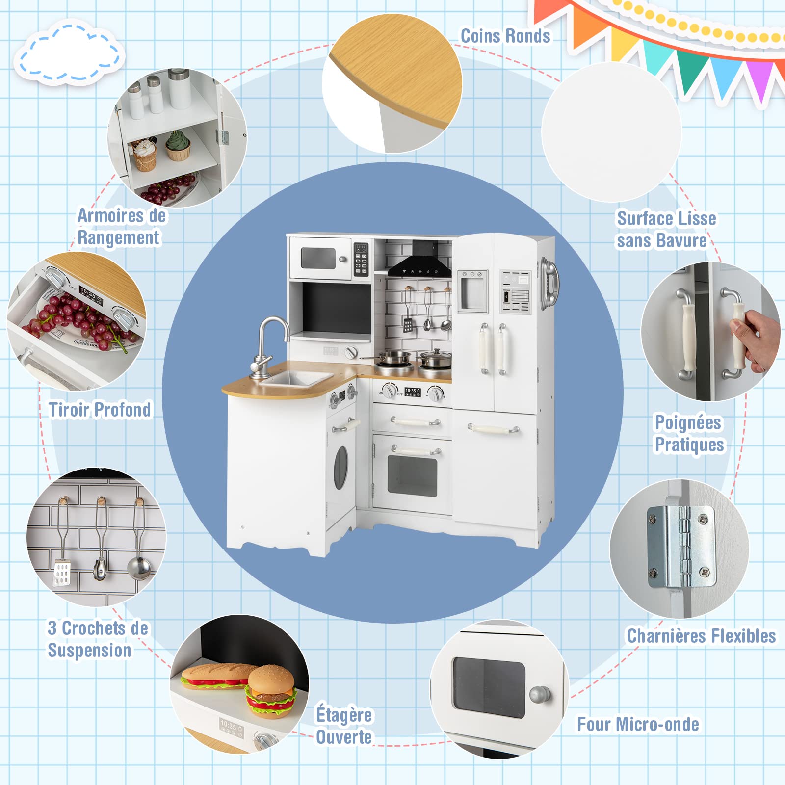 DREAMADE Cuisine d’Angle Enfants en MDF, Coin Arrondi, Évier, Cuisinière, Distributeur d'eau, Rangements Inclus, Jeu d'Imitation pour Tout-Petits 3 Ans+, 82 x 66 x 88 cm (Version améliorée)