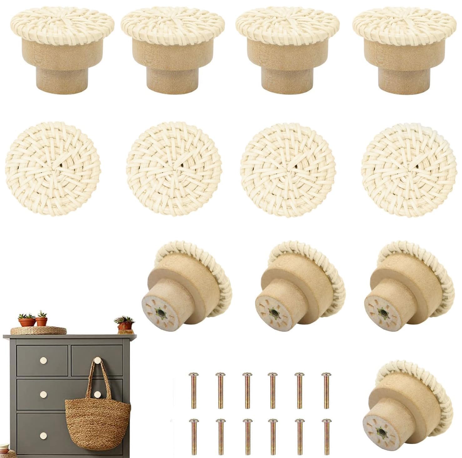 Pomelli per comò in rattan bohémien, per ragazze, pomelli e tiranti per armadietti da cucina, maniglie decorative in vimini intrecciato, pomelli rotondi in legno per armadi e cassetti, 12 pezzi